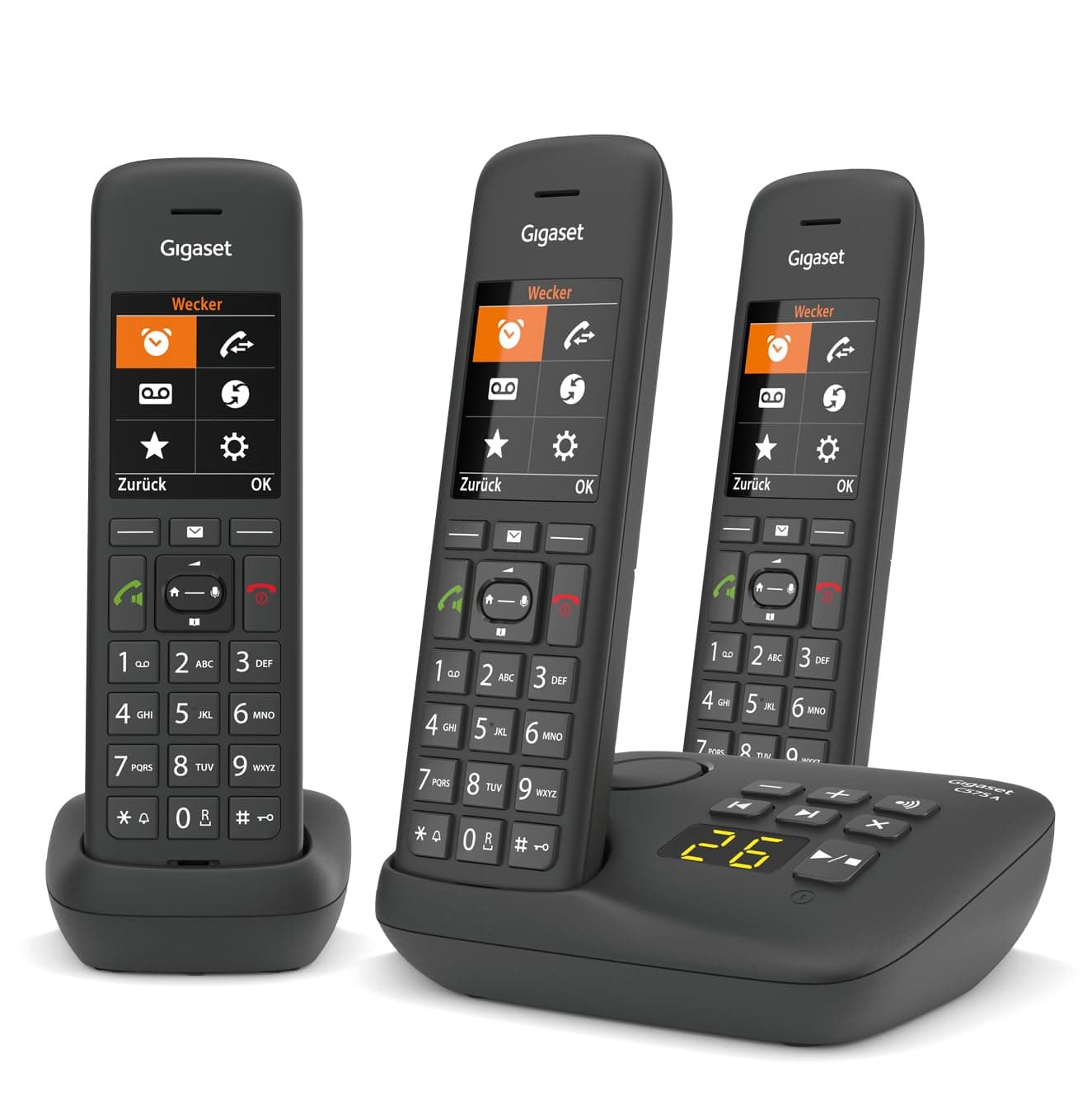 Gigaset C575A Trio - Cordless Trio con segreteria telefonica - possibilità di passare la chiamata da un portatile all'altro, Nero [Versione Italiana]