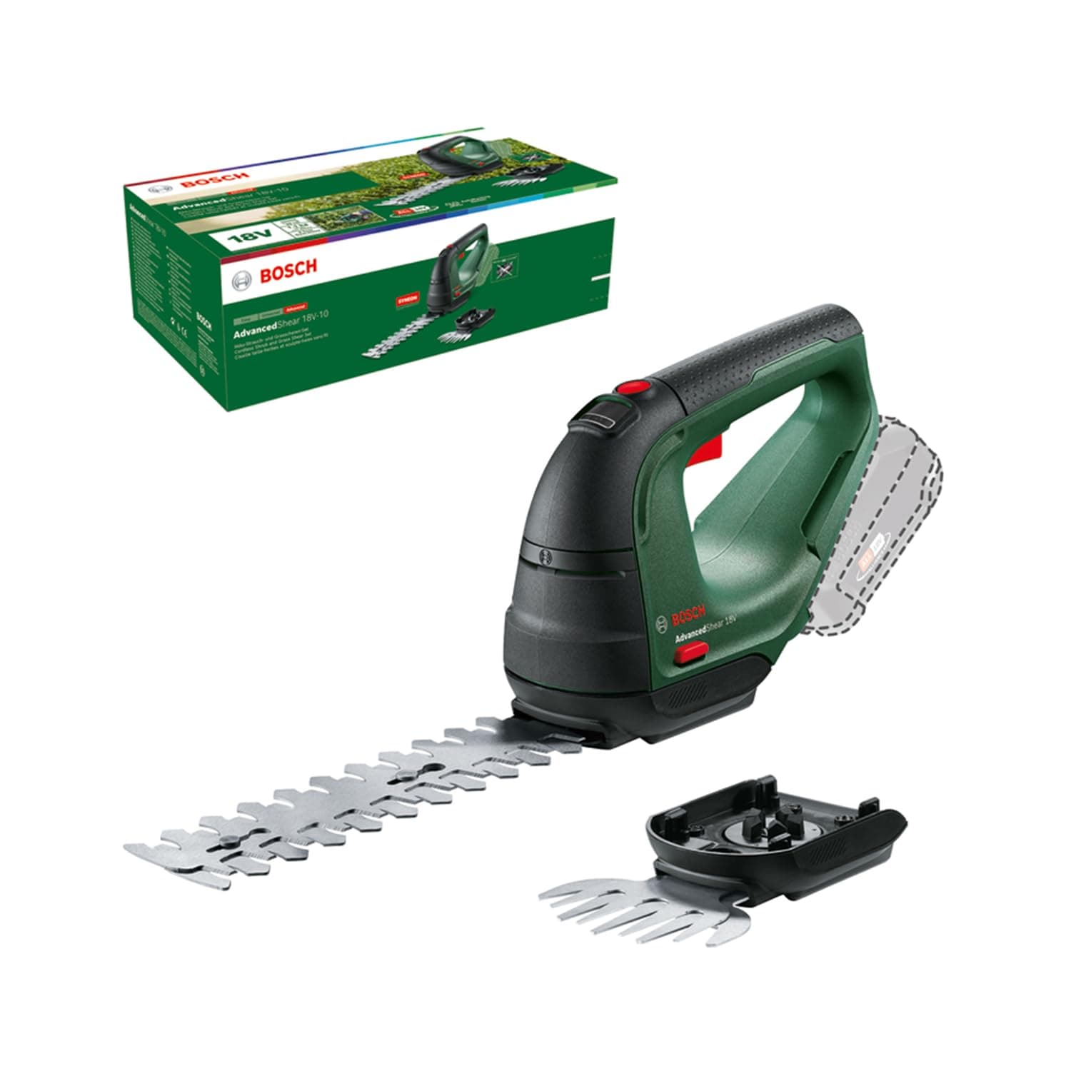 Bosch Cisaille à gazon sans fil - AdvancedShear 18V-10 (sans batterie, 18 Volt System, coupe jusqu’à 85 m² par charge, avec lame de taille-herbes et lame de sculpte-haies, dans un emballage en carton)