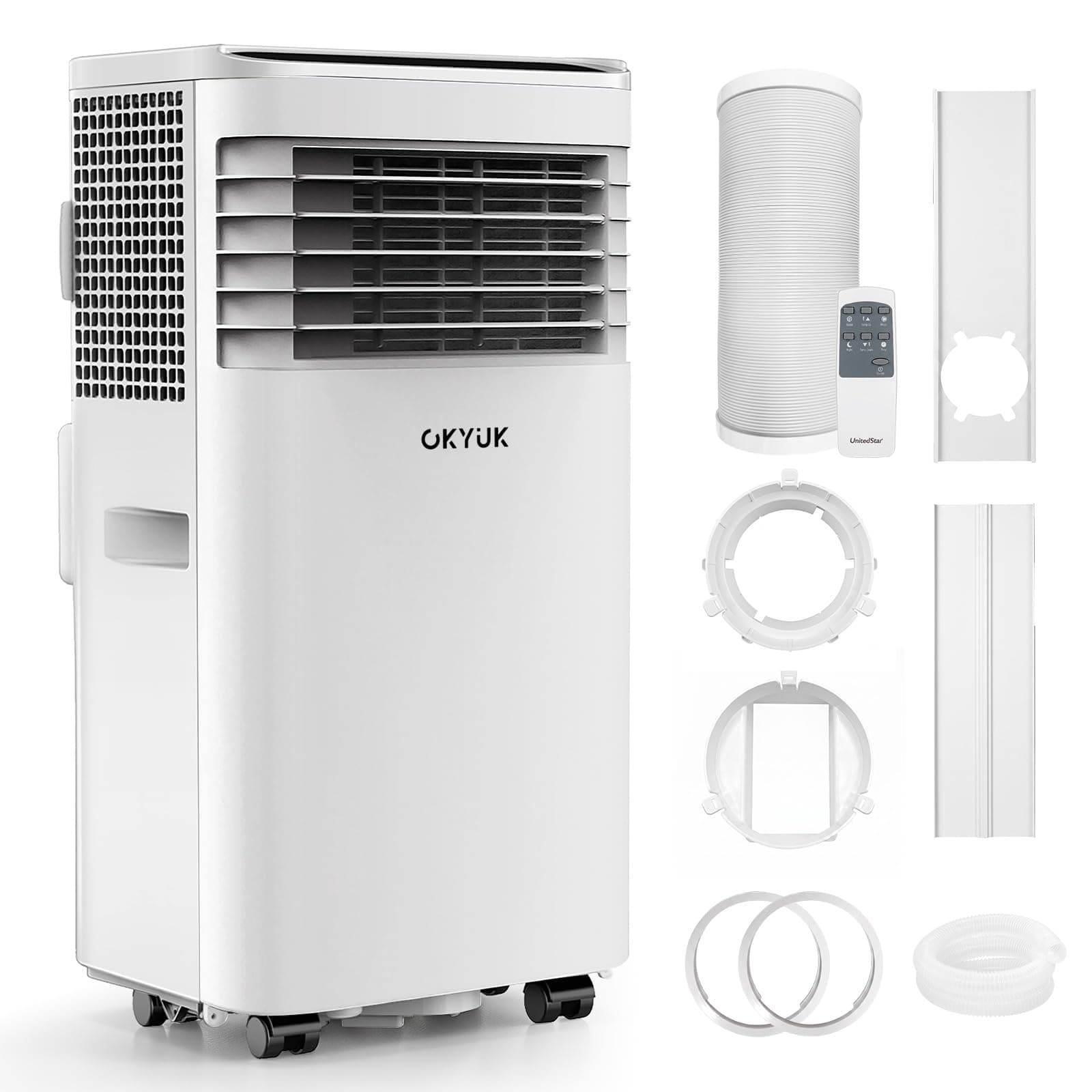 Aire acondicionado portátil 7000 BTU con tubo de escape | Aparato móvil 4-en-1 | Funcionamiento silencioso | Pantalla digital + control remoto | Kit de instalación para ventana | Temporizador de 24h |