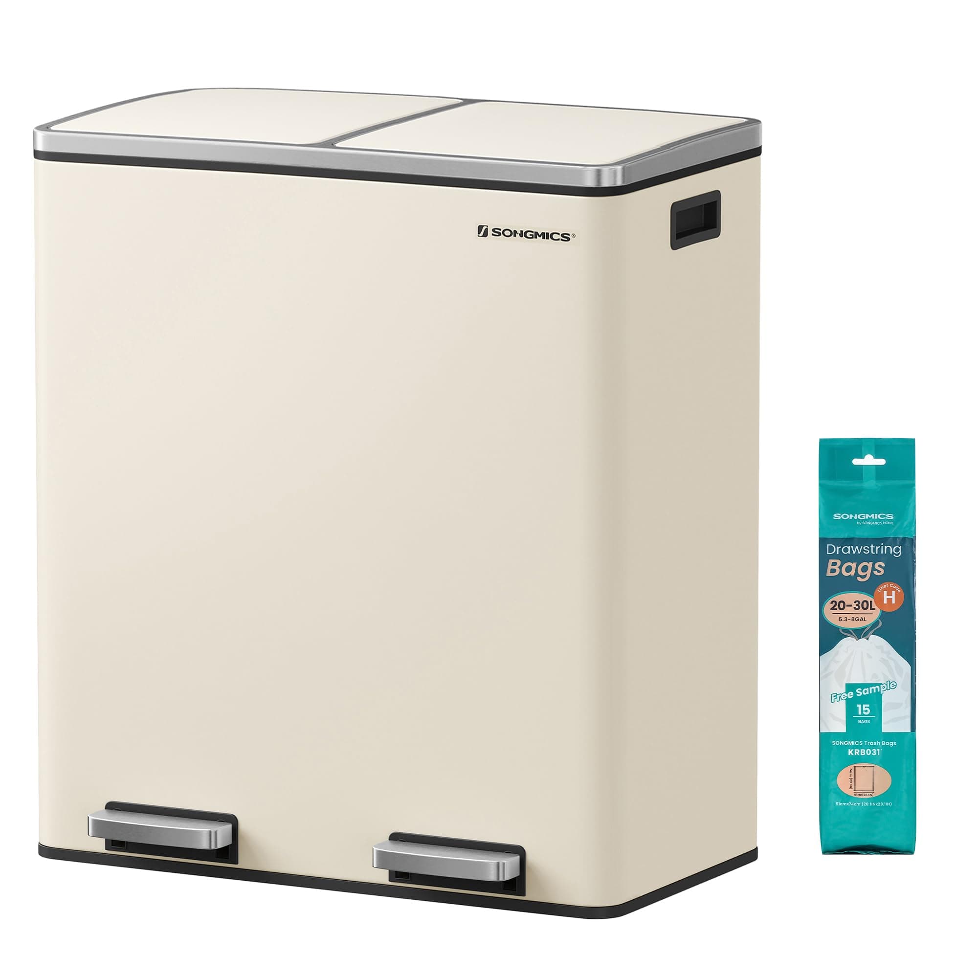 SONGMICS Poubelle à Double Compartiment 2 x 30 L, avec 15 Sacs Poubelles, Pédales en Métal, 2 Seaux Intérieurs en Plastique, Couvercles, Poignées, Fermeture en Douceur, Couleur Crème LTB060A01