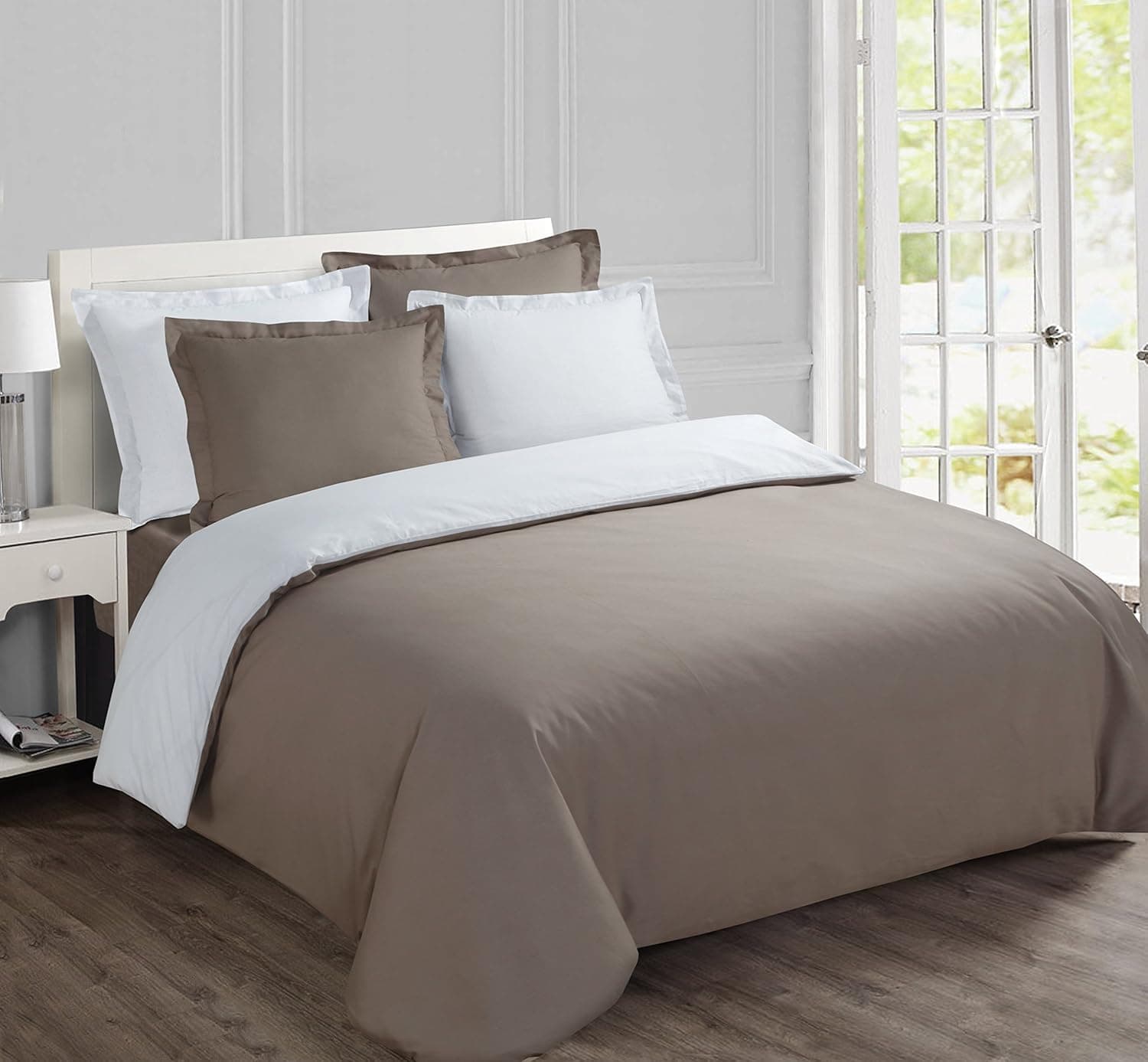 Vision Parure de Lit Réversible 100% Coton Lit Double - Blanc Taupe | 1 Housse de Couette (260x240cm) + 2 Taies d'oreiller (65x65cm) | 57 Fils/cm² | Doux, Résistant, Confortable | Certifié Oeko-Tex