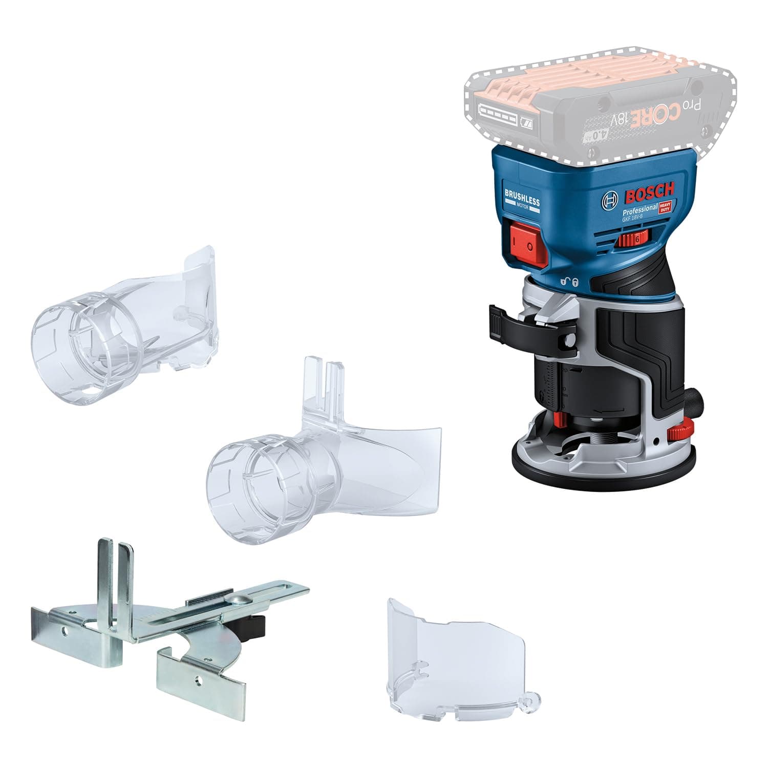 Bosch Professional 18V System fresadora corte batería GFK 18V-8 (incl. guía paralela, 2 adaptadores aspirador fresado, protección contra virutas, pinza sujeción de 8 mm, llave, sin batería/cargador)