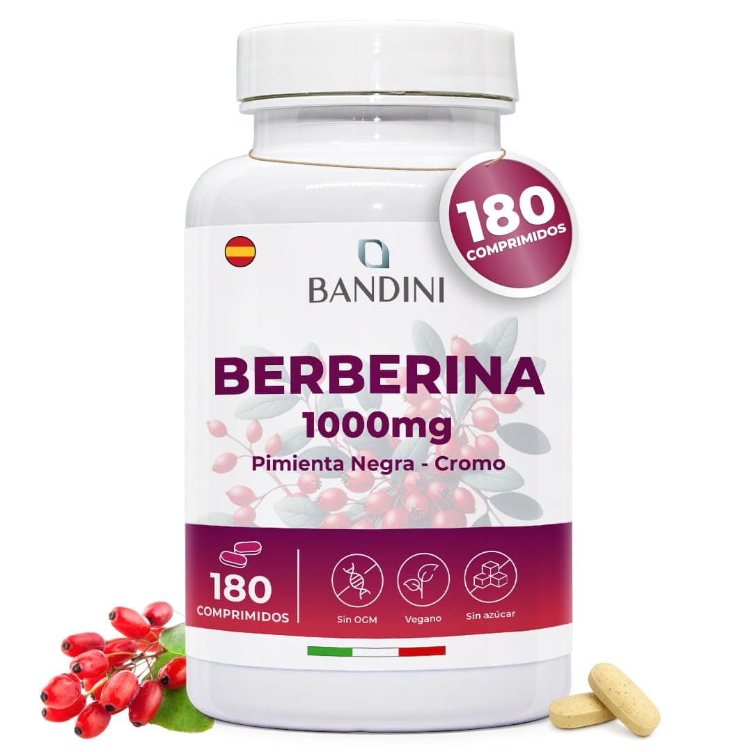 Bandini® Berberina 1000mg pura alta dosificación | 180 comprimidos veganos - Berberina HCl de Berberis Aristata 97% + Cromo y Pimienta Negra | Máxima absorción - Función digestiva, hepática, intestina
