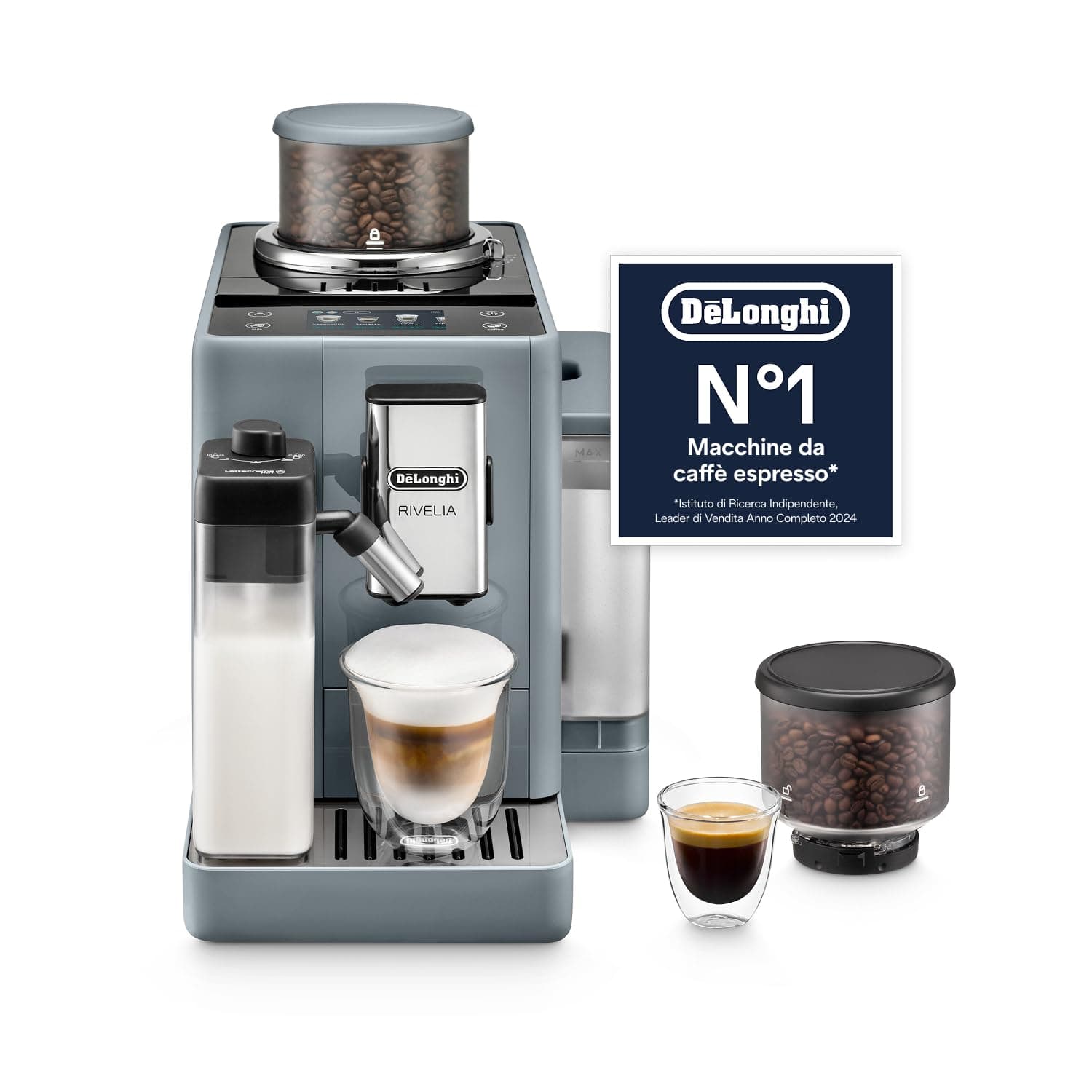 De’Longhi Rivelia – Perfetto Macchina da Caffè Automatica, LatteCrema Montalatte Automatico, 16 Bevande in un Solo Tocco, Display Touch a Colori, Contenitori Intercambiabili, Grigio (EXAM440.55.G)