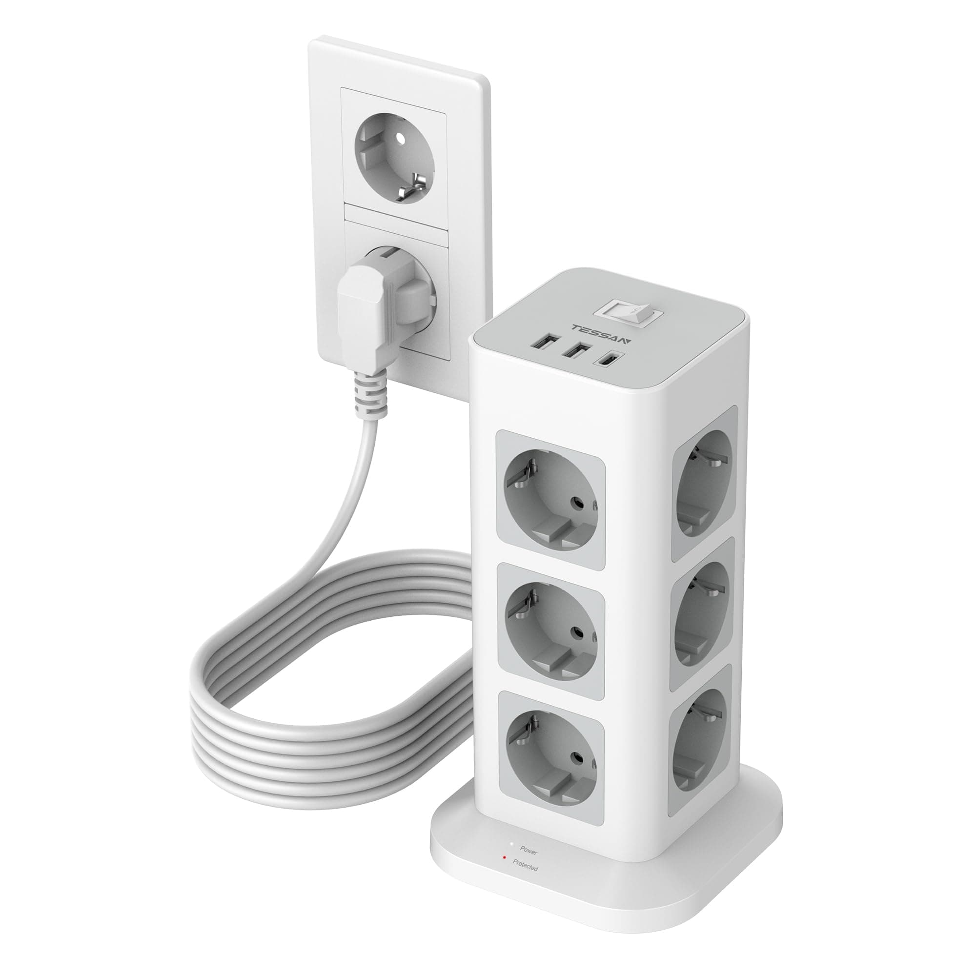 TESSAN Alargador Enchufe 5 Metros, Regleta Enchufes Proteccion Sobretension 12 Tomas con 1 USB C y 2 USB, Torre Regletas Vertical con Interruptor, Torre Multiple 3600W para Mesa, Oficina, Casa, Gris