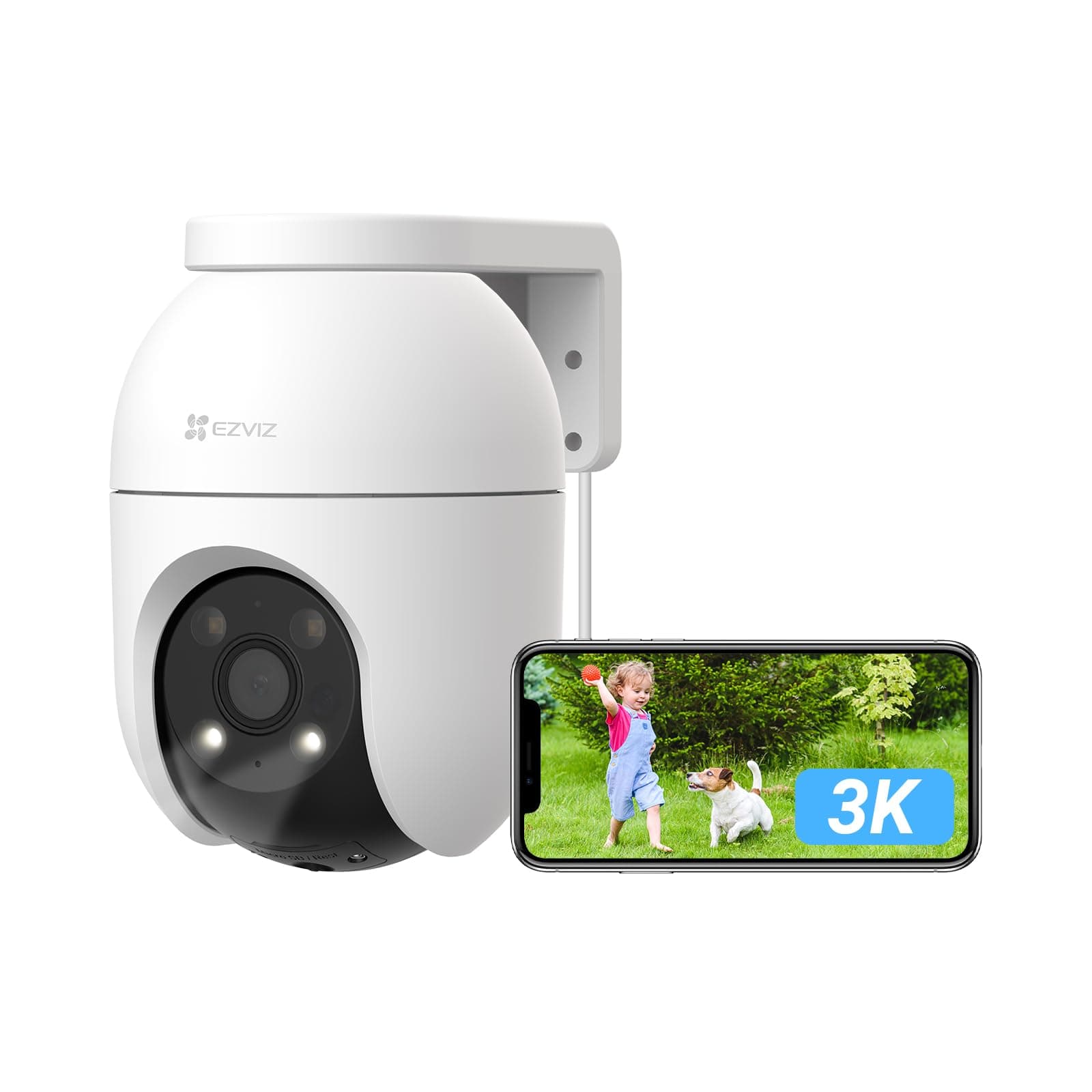 EZVIZ Cámara Vigilancia WiFi Exterior 360°,3K Cámara IP de Seguridad,Visión Nocturna a Color,Detección IA de Personas/Vehículos,Seguimiento Zoom Auto,Audio Bidireccional,Sirena, Alexa/Google,C8c 5MP