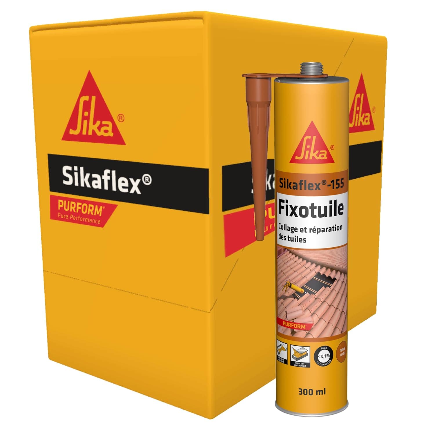 SIKA - Mastic tuiles - Sikaflex 155 Tuiles - Terre Cuite - Carton 12x300ml | Mastic-colle souple polyuréthane - Réparation et collage de tuiles - Tous types de tuiles