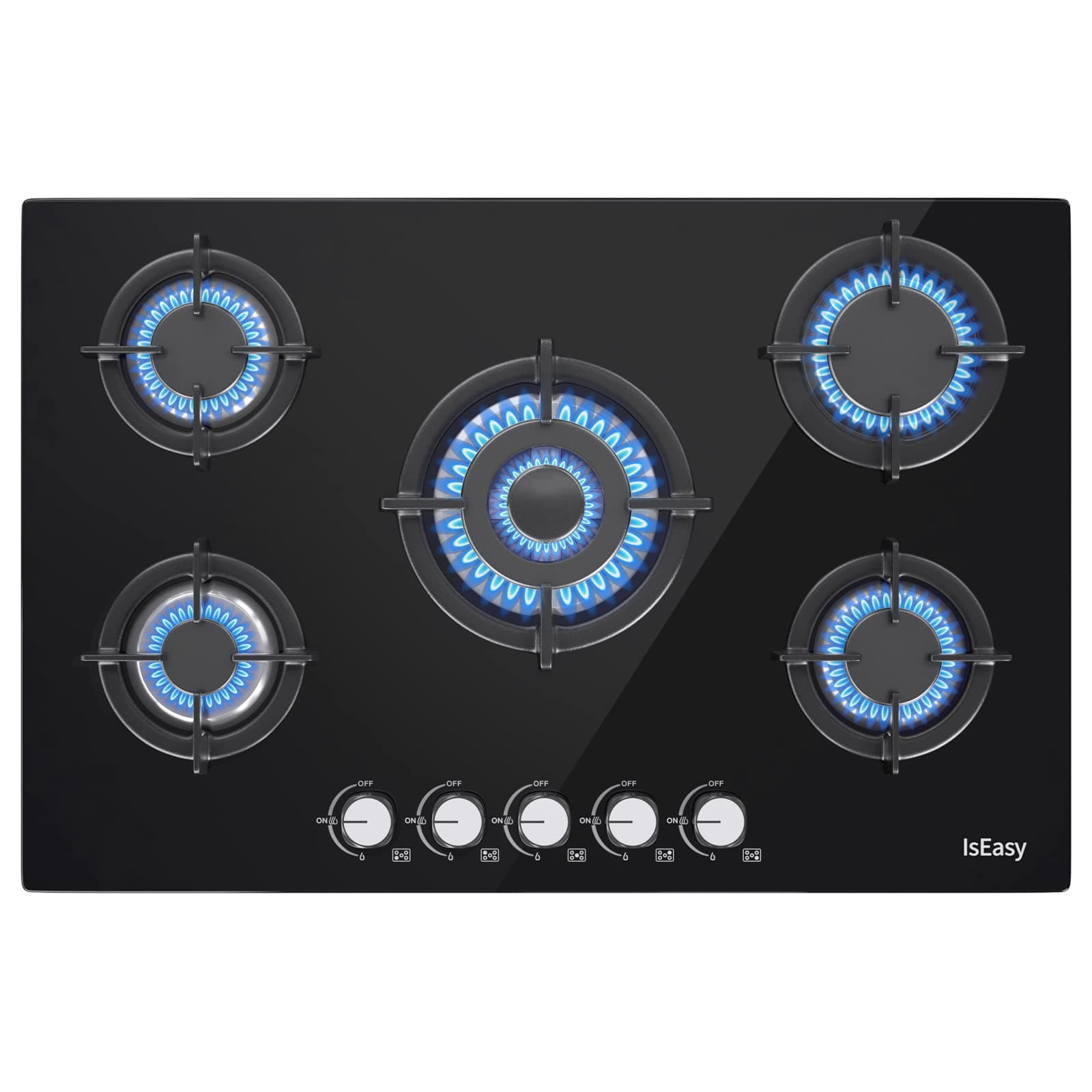 Piano Cottura a Gas 5 Fuochi da Incasso, 77cm, 10500W, Protezione Flame-Out, Gas Naturale/Propano/Butano, Vetro Nero(Dimensioni incassate: 73 x 48 cm)