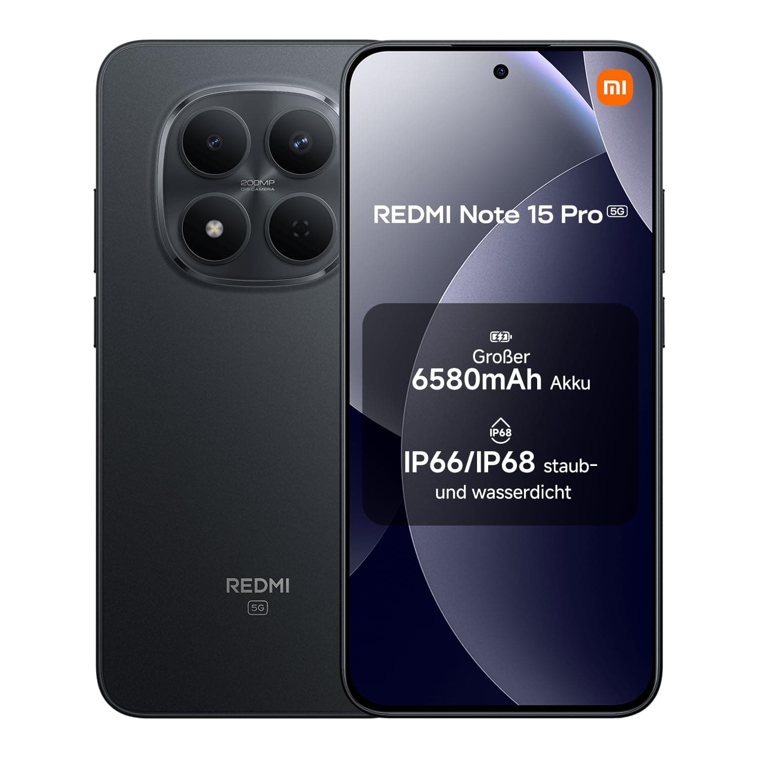 XIAOMI Redmi Note 15 Pro 5G Smartphone (8+256 GB) – 6580-mAh-Akku, IP66/IP68 Staub- und Wasserschutz, Neue 200-MP-Kamera, 6,83" AMOLED-Display, Schwarz, 2 Jahre Garantie