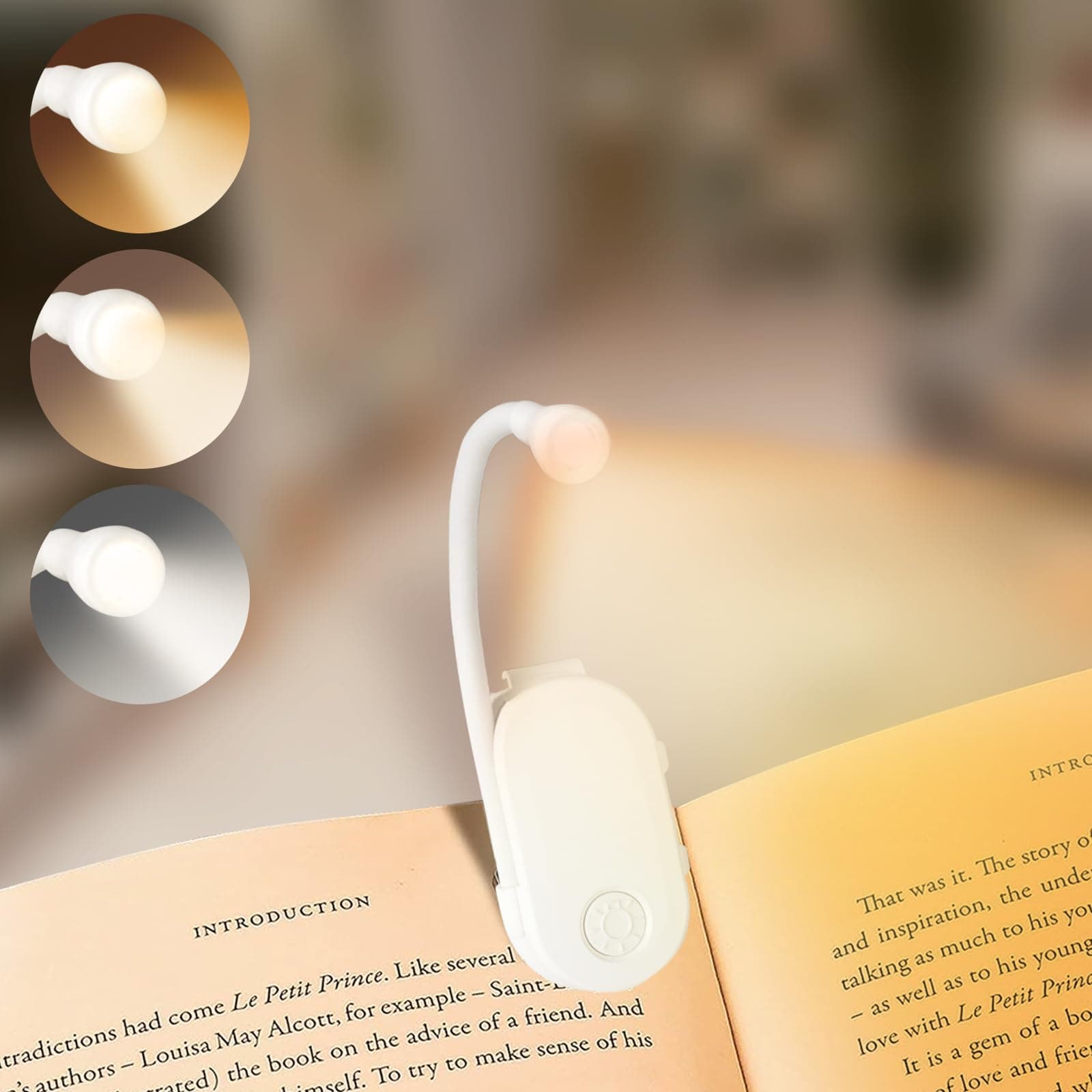 AMFUN Luce di Lettura, Luci da Libro a LED, Lampada da Lettura Ricaricabile con 3 Luci di Protezione per Gli Occhi, Luce da Libro con Clip a Collo d'oca Flessibile a 360°