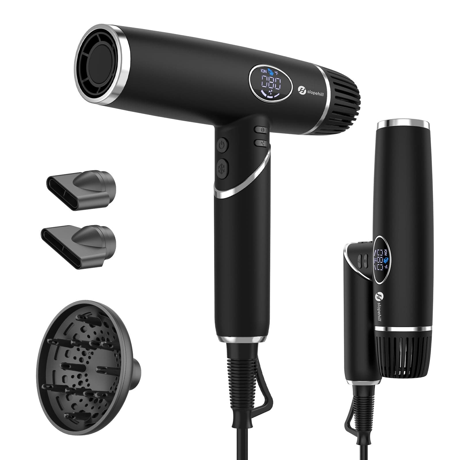 Slopehill Haartrockner 2000W - 200 Million Negativ Ionen Föhn, 57dB Geräuscharm Haarföhn, 110.000U/min Bürstenloser Motor, 340g Klappbarer föhn mit 3 diffusor, LCD-Display, Reisen