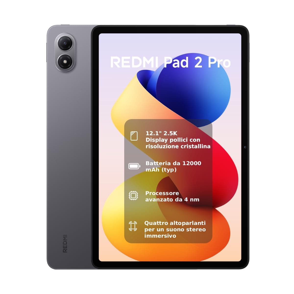 XIAOMI REDMI Pad 2 Pro, 8+256GB, Display 12.1" 2.5K 120Hz, Batteria 12000mAh (tip), Processore 4nm, Interconnettività Smart, Garanzia 2 anni, Graphite Gray, Caricatore non incluso