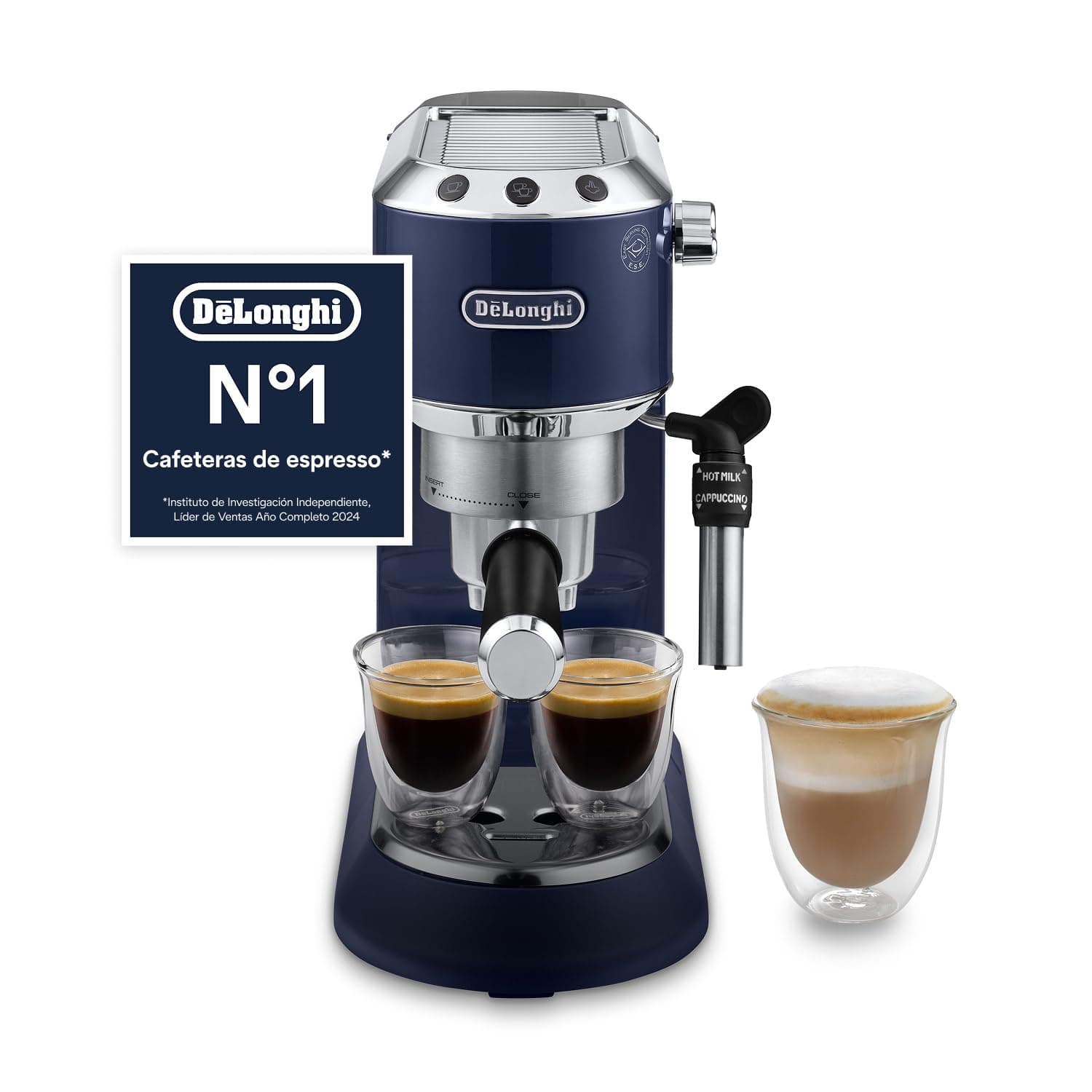 De'Longhi Dedica Style - Cafetera Espresso Manual con Espumador Manual | Cafetera Compacta, Espresso y Cappuccino, Apta para Monodosis ESE, Panel con Botones, Ancho 15cm, Azul, EC685.BL