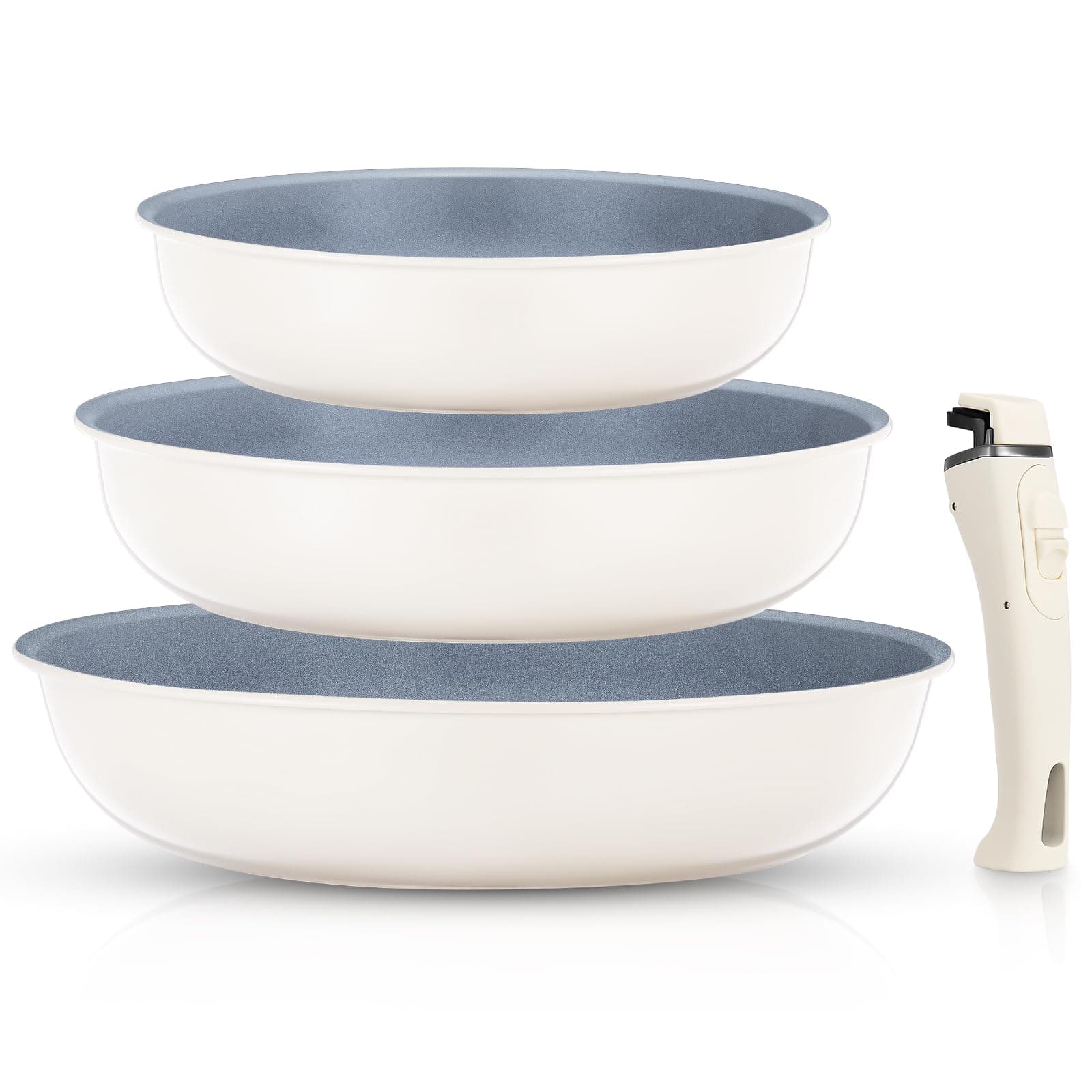 FOHERE Lot de 3 Poêles 20/24/28 cm avec Poignée Amovible, Poele Induction pour Tous les Types de Plaques de Cuisson, Poele Ceramique, Passe au four et au Lave-vaisselle, Aluminium, Gris