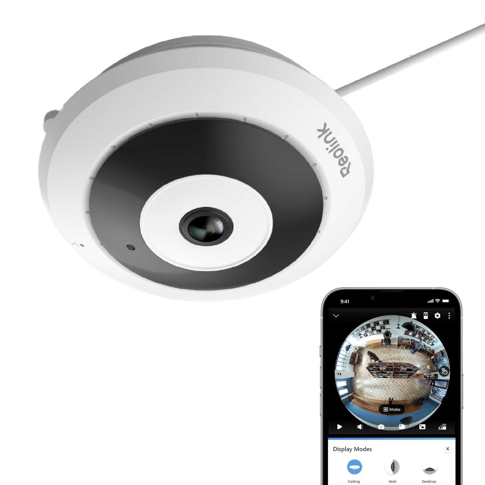 Reolink 2K+ Camara Vigilancia WiFi Interior con 360° Panorama, 2.4/5GHz Fisheye Camara para Seguridad en el Hogar/Oficina, Detección Humana, Audio Bidireccional, Visione Notturna IR, FE-W Blanca