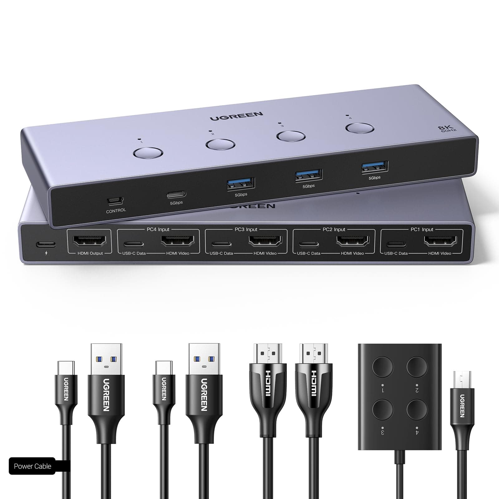 UGREEN HDMI 2.1 KVM Switch 4 In 1 out 8K@60Hz USB 3.0, Conmutador de 4 Puertos USB 3.0 para Compartir 2 PC 1 Monitor, Teclado, Mouse, Impresora y Disco Duro
