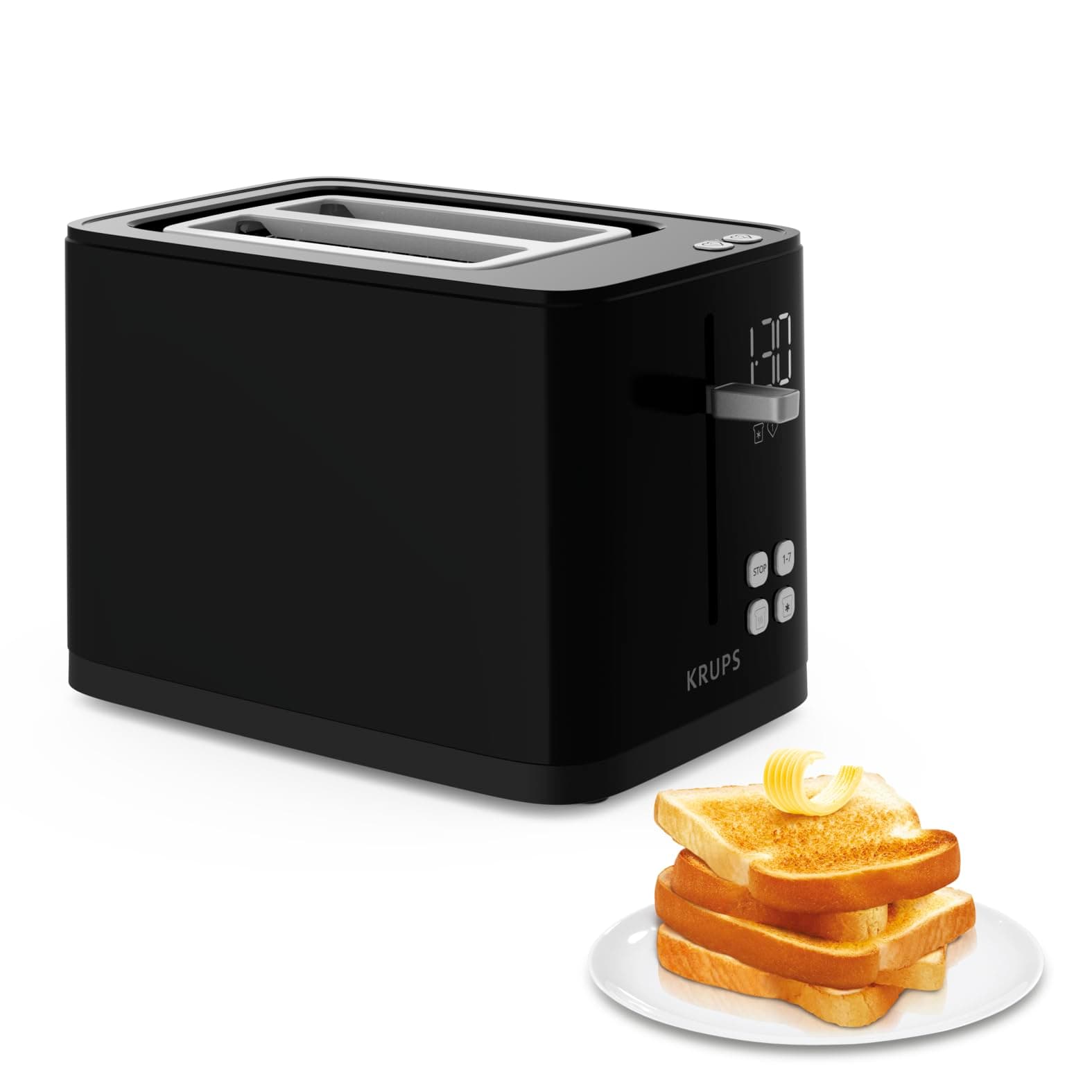 Krups KH641810 Smart'n Light Toaster, Zwei-Scheiben-Toaster, Digitaldisplay, 7 Bräunungsstufen, herausnehmbare Krümelschublade, Countdown, Anhebevorrichtung, Schwarz