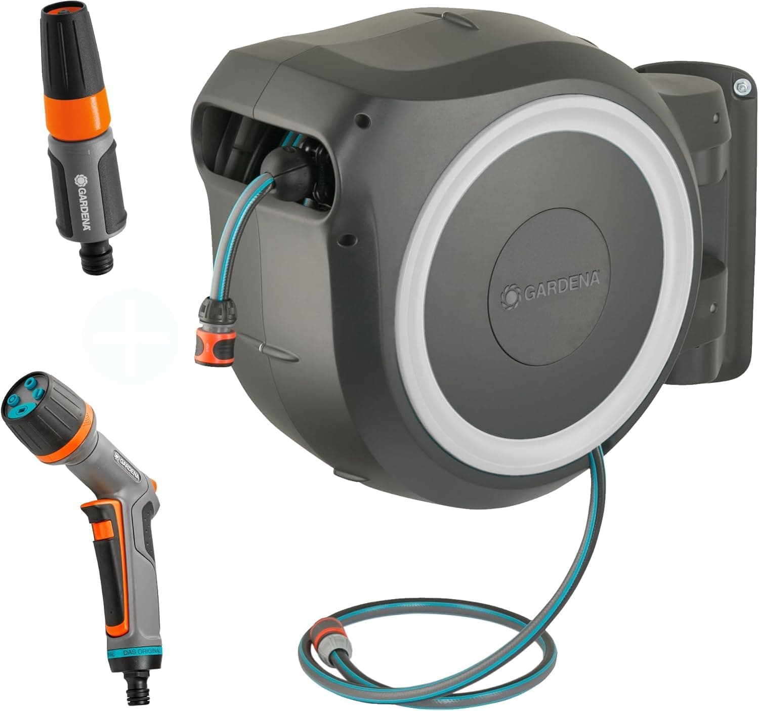Gardena Wand-Schlauchbox RollUp L (weiß) 30 m exklusiv für Amazon: Schwenkbare Schlauchbox, integrierte Schlauchführung, inkl. 30 m Gardena Qualitätsschlauch, Reinigungsspritze und Brause (18627-38)