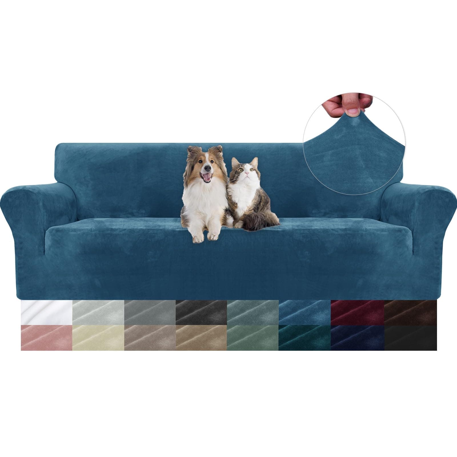YSTELLAA Copridivano Velluto 4 Posti con Braccioli, Fuzzy Copri Divano AntiGraffio Gatto, Copridivani Elasticizzati, Universale Sofa Cover Estivo Lavabile Antiscivolo Antimacchia, Blu Pavone