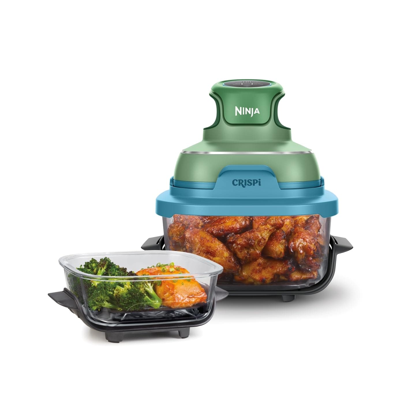Ninja CRISPi Tragbare Heißluftfritteuse, 3,8 l & 1,4 l, 4-in-1: Heißluftfrittieren, Braten, Aufknuspern, kompaktes Design, 2 abnehmbare Glasbehälter & Deckel, 1700 W, Pastellgrün FN101EUGNBL