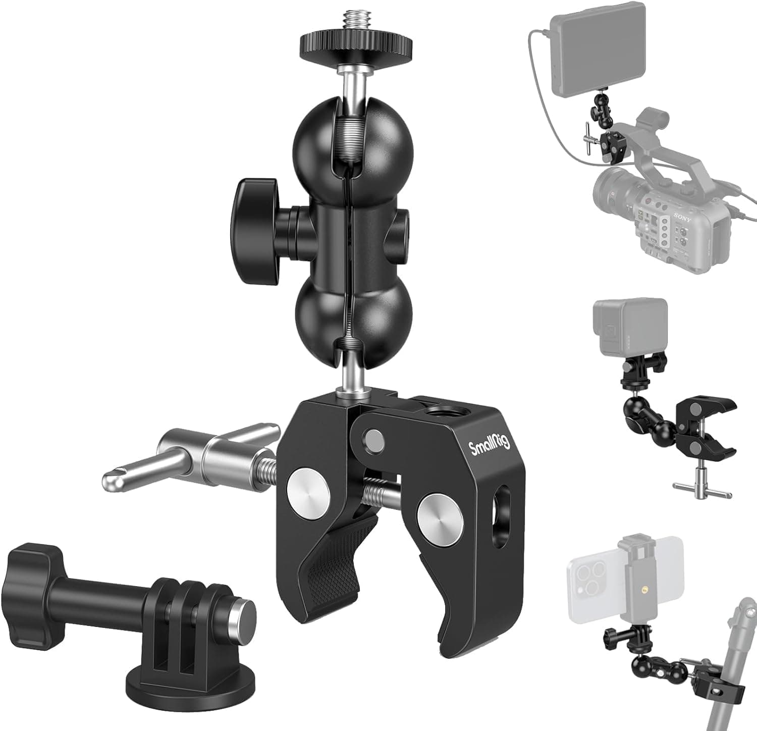 SMALLRIG Upgrade Camera Mount Clamp, mini Magic Arm mit Super Clamp, Super Klammer with Non-Slip Threads, Tragfähigkeit 1,5kg für Gopro, Kamerahalterung Klemme mit 360° Kugelkopfarm - 1138B