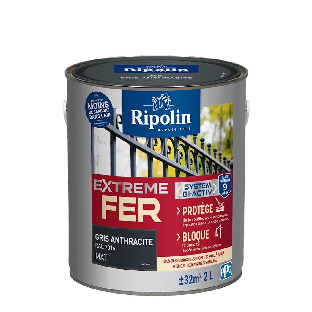 RIPOLIN - Peinture pour Fer Extérieur - Glycéro Antirouille - Sous-couche intégrée - Application directe sur Rouille - Résistante aux Intempéries, UV et Chocs - Mat - 2L - Gris Anthracite RAL 7016