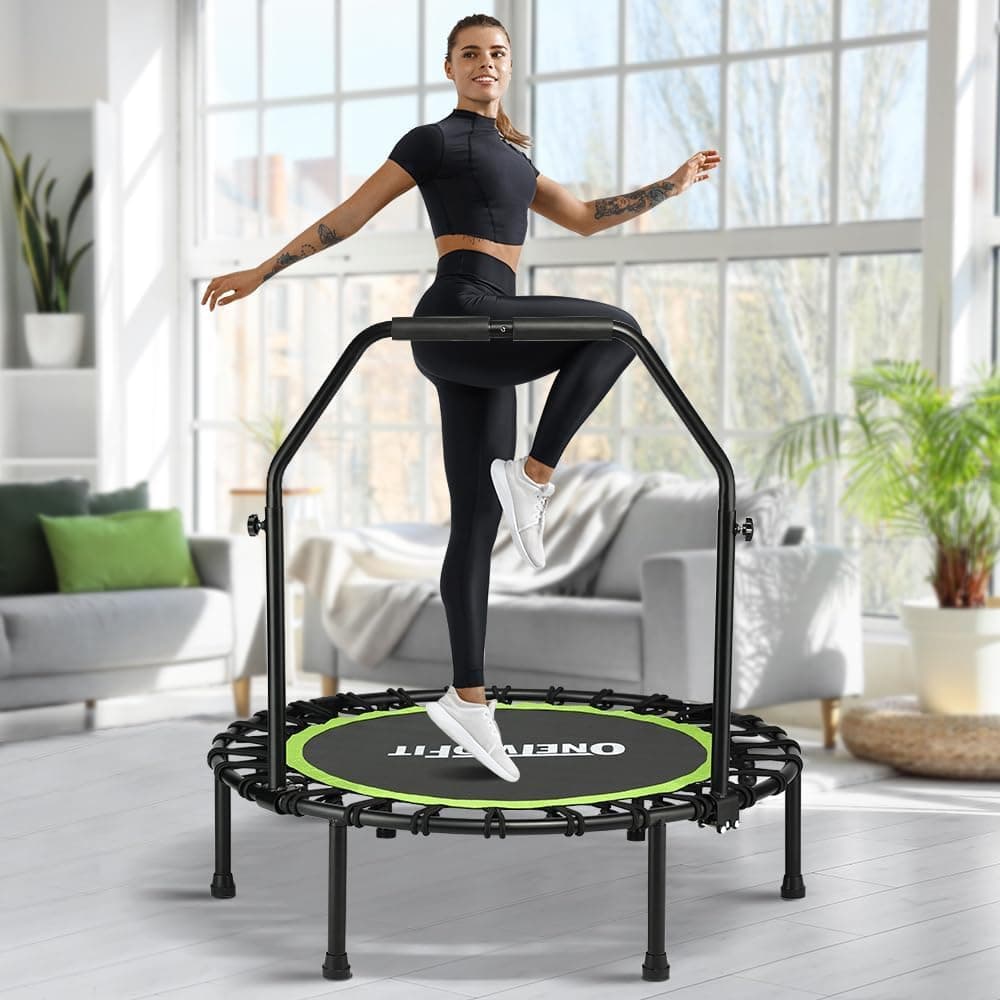 ONETWOFIT Trampolín Plegable para Adultos 101/107/114cm, Mini trampolín de Fitness, con Mango de Espuma Ajustable, elásticos, Ejercicio silencioso para Interior Personal