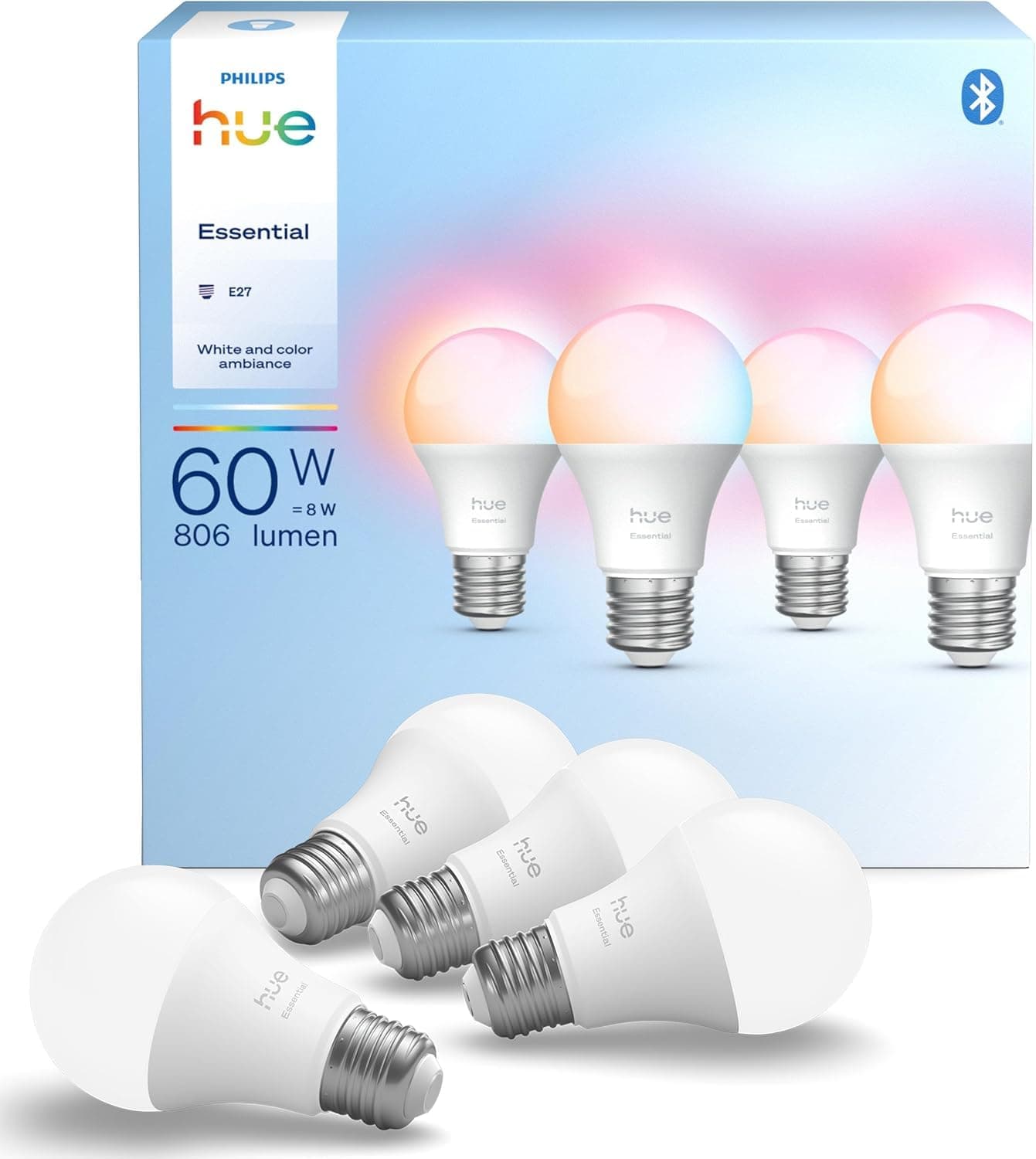 Philips Hue Essential Smart LED A60 (Confezione da 4), Lampadina smart con luce bianca e colorata, Lampadina intelligente E27 8 W, Luce smart compatibile con Alexa, Google Assistant e Apple Home