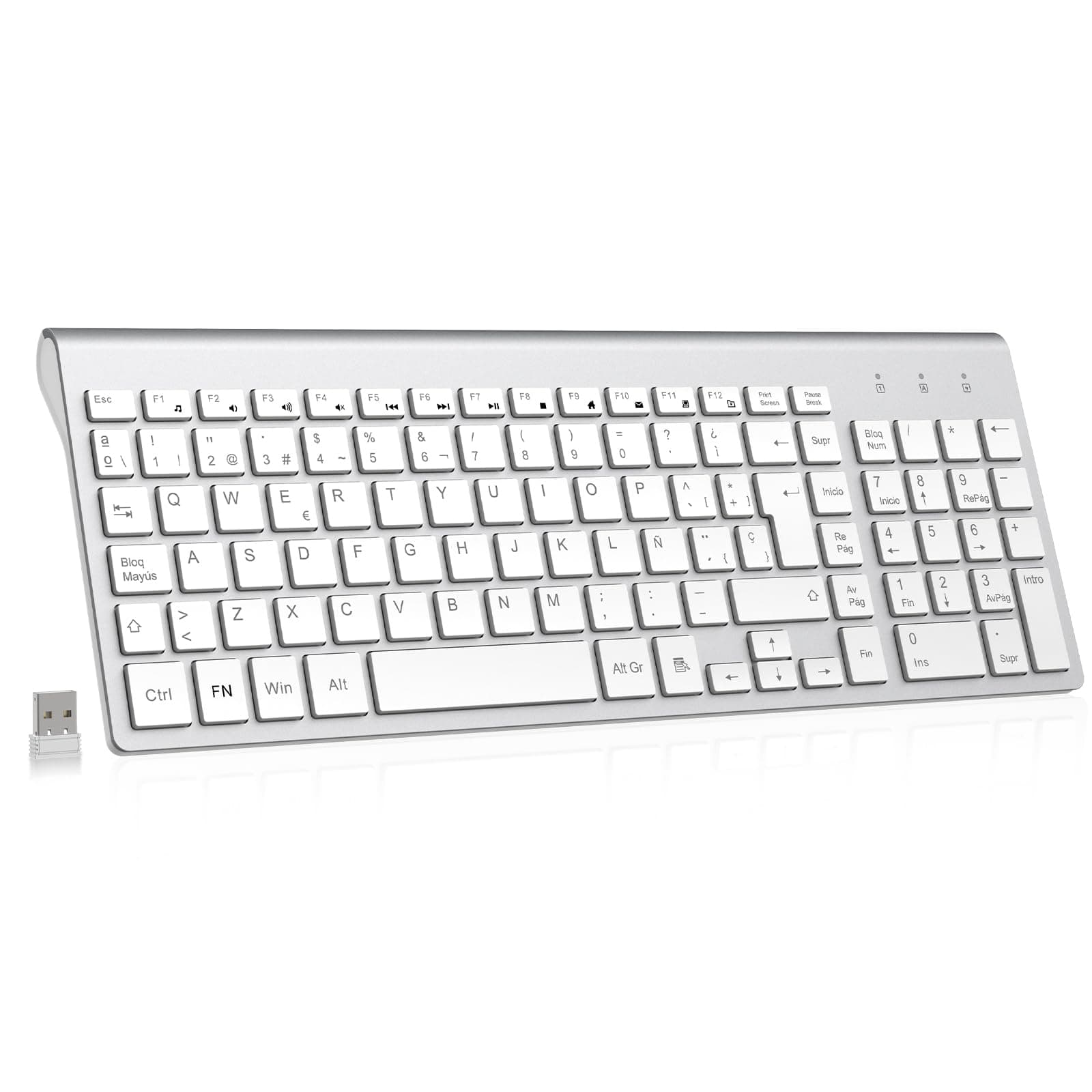 cimetech Teclado inalámbrico, 2.4G QWERTY español Layout, USB Teclado de Ordenador con Teclado numérico y Teclas ergonómicas para Desktop/PC/Laptop/Surface/Smart TV/Notebook y Windows - Plata