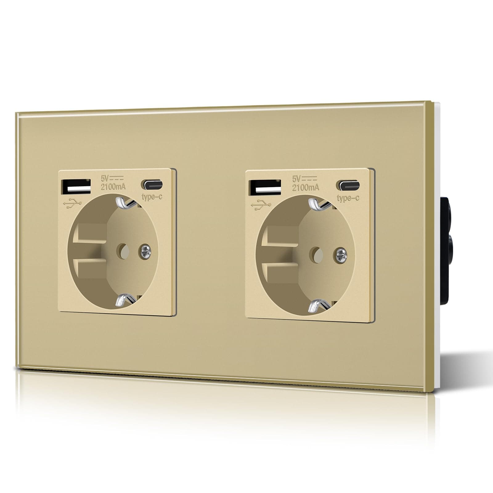BSEED Enchufe de Pared con USB C,Enchufes Dobles Empotrados con Cristal,Toma de Corriente,Seguridad infantil,Fácil de Instalar,M Serie,2 Enchufes con USB y Tipo C,157mm Oro