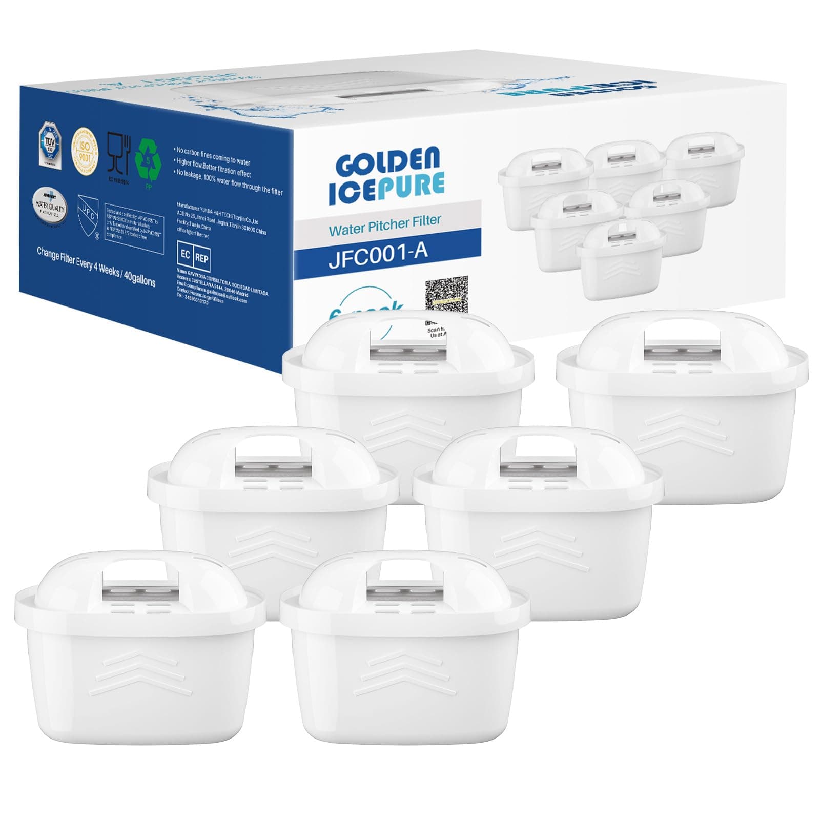 GOLDEN ICEPURE Filtre à eau pour bouilloire Compatible Avec Brita Maxtra+, Maxtra Plus, Mavea, Anna Duomax, 6 pièces