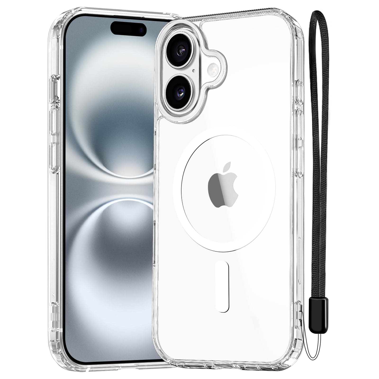 NEW'C Magnétique Coque pour iPhone 16 (6,1 Pouces), Compatible avec MagSafe Antichoc Ultime avec Cordon – Magnétisme Puissant et Protection Militaire - Etui Fine - Transparent