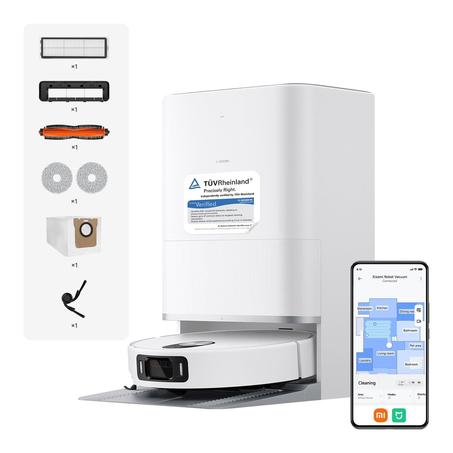 XIAOMI Robot Vacuum 5 Pro, Aspirazione potente da 20000Pa, evitamento ostacoli con AI, riconoscimento intelligente dello sporco, navigazione laser intelligente dToF con sollevamento automatico