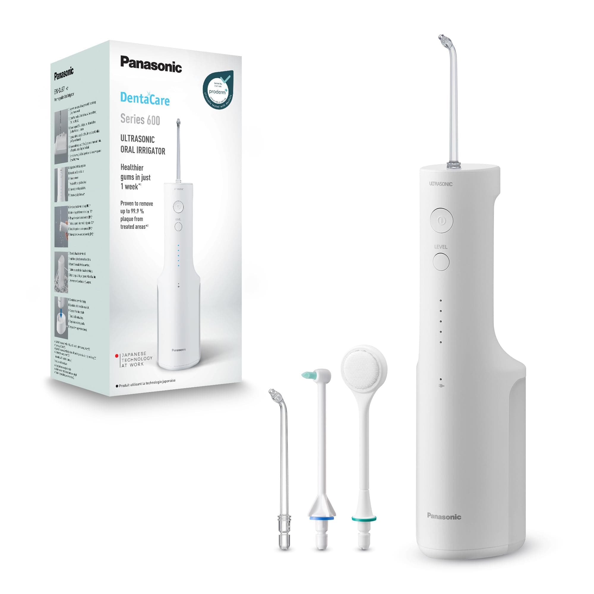 Panasonic Serie 600 Irrigador Bucal Ultrasónico EW-DJ67-W303, Irrigador Bucal para Dientes, 200 ml, IPX7, 2 Boquillas Ultrasónicas, 1 Boquilla Ortodoncia y 1 para la Lengua, 5 Presiónes, Blanco