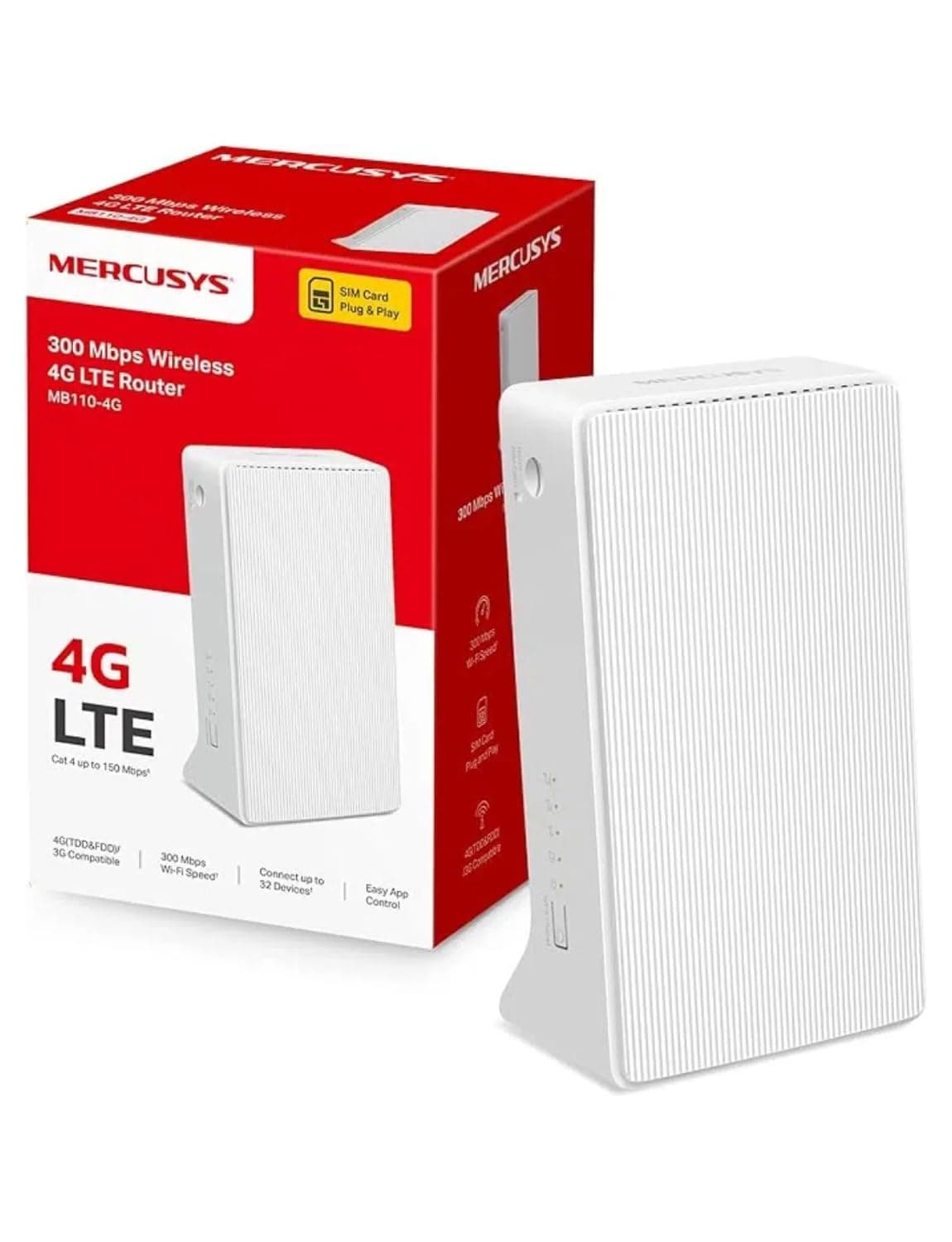 Mercusys - MB110-4G, Router 4G SIM, LTE CAT4, Wi-Fi 300Mbps, Compatible con Todos los operadores, FDD y TDD, Plug&Play, Conecta hasta 32 Dispositivos