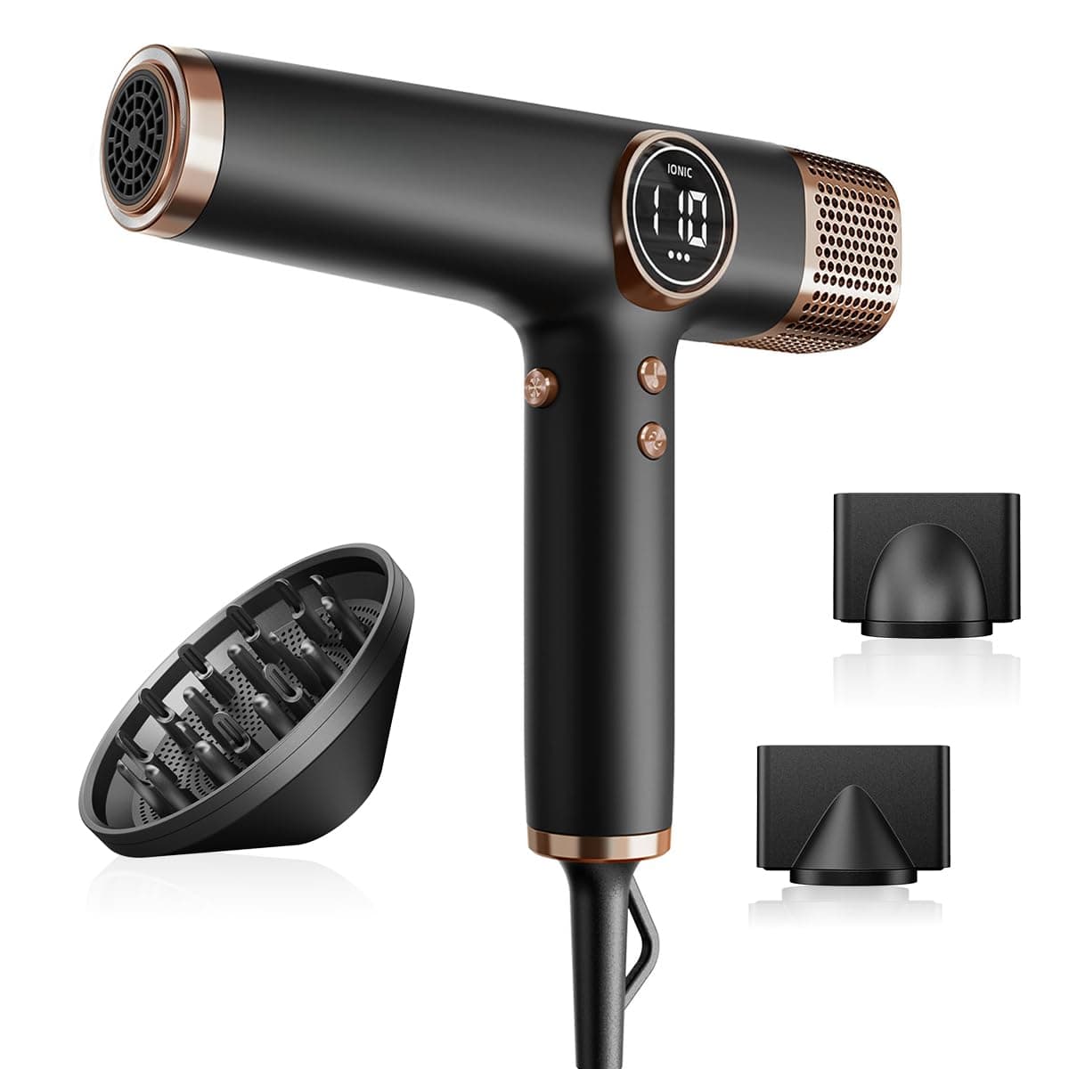 Faszin Secador de Pelo Profesional, Secador Rápido Ligero, Motor 110,000 RPM, Secador Pelo Iónico de 200 Millones para Mujeres y Hombres, Silencioso con 3 Boquillas Magnéticas (Negro y oro)