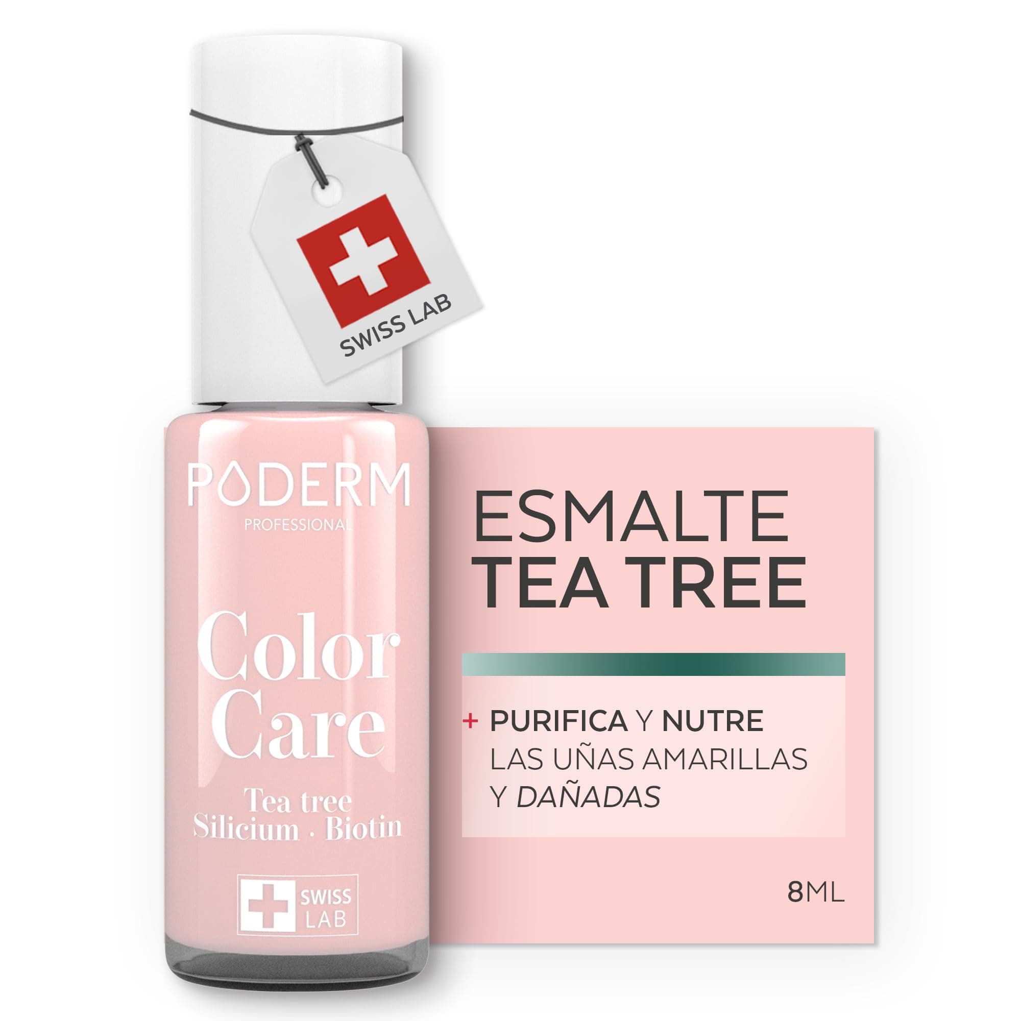 PODERM Esmalte Cuidado para Uñas con Tea Tree - Rosa | Swiss Lab - 8ML | Enriquecido con Tea Tree, Silicio & Biotina | Purifica, Aclara & Nutre las Uñas Amarillas | Creado por una Podóloga