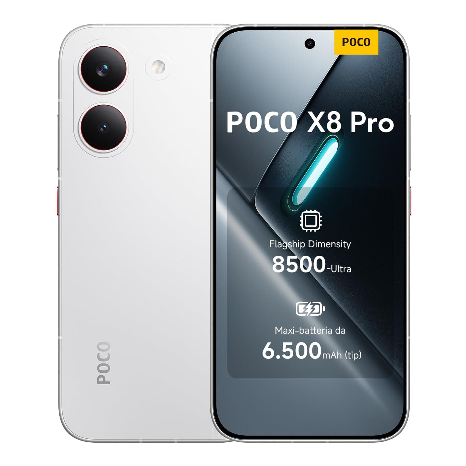 POCO X8 Pro, Smartphone 12+512GB, Dimensity 8500-Ultra, Batteria 6500mAh (typ), Display AMOLED ultra luminoso, Fotocamera 50MP con OIS, Bianco, Garanzia 2 anni+1 anno extra, Caricatore non incluso