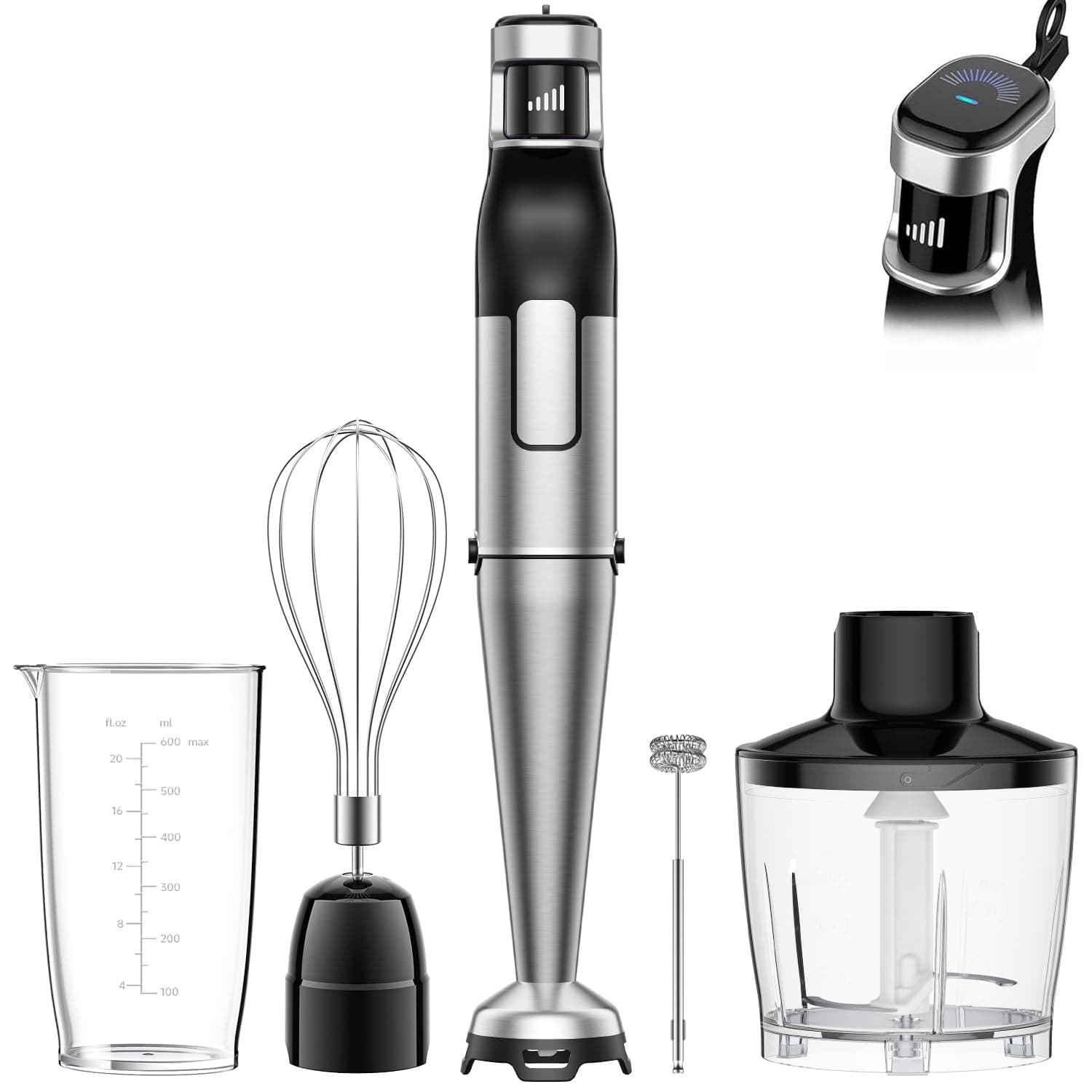 BESROY Mixeur Plongeant 5 en 1, 1100W, Vitesse Progressive, Lames Inox & Protection Anti-rayures, Hachoir Électrique, Fouet, Mousseur à Lait, Verre Doseur, pour Soupe, Smoothie, Purée