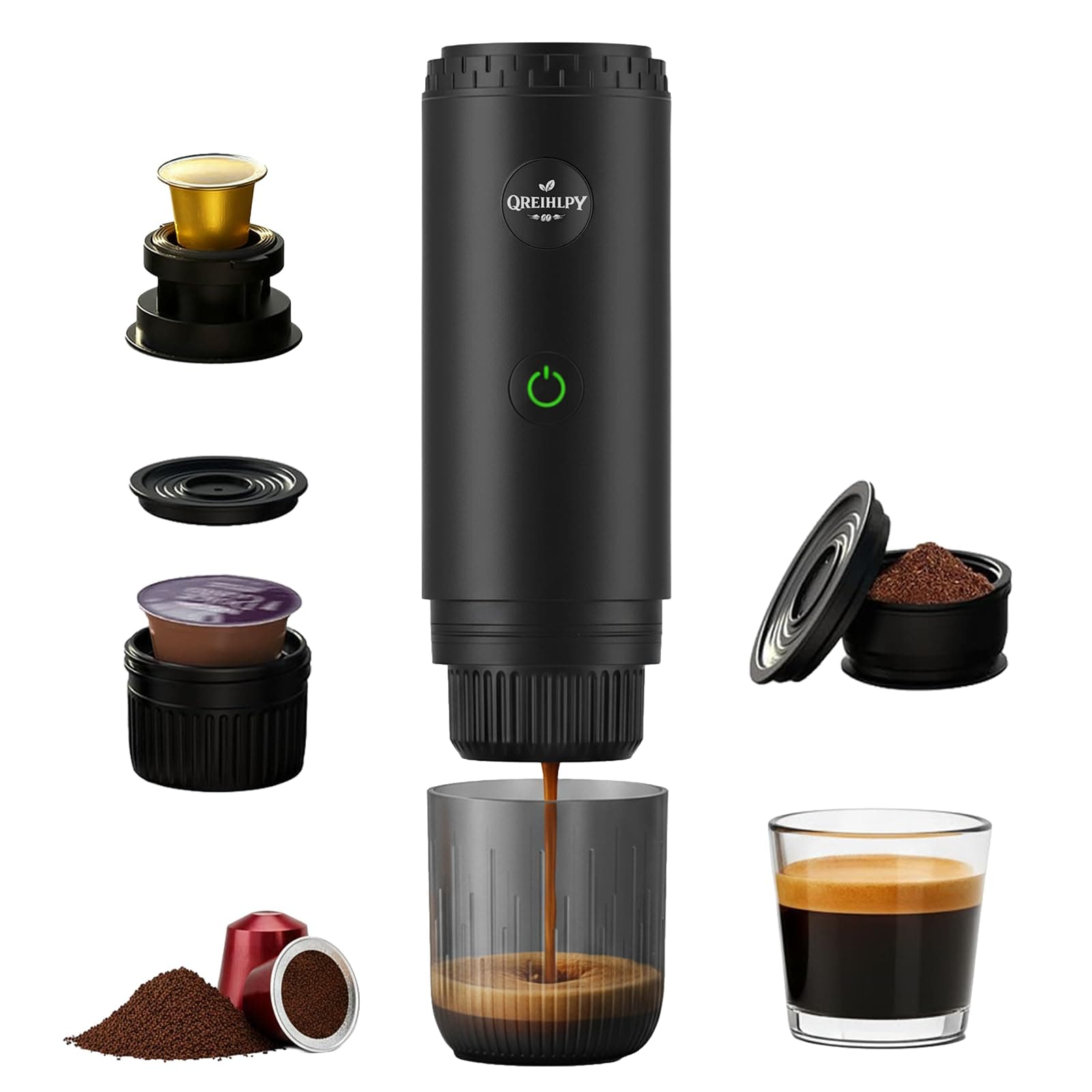 QREIHLPY Machine à Cafe Portable, Cafetière Portable 3 en 1 Compatible avec les Capsules Espresso et Poudre de Café, Rechargeable Pour Voyage, Camping, Voiture, Maison