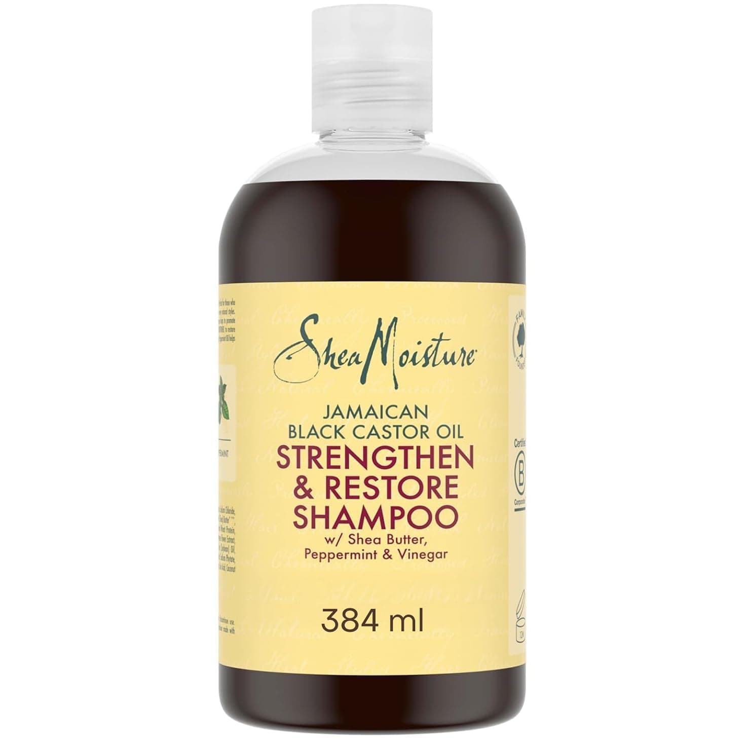 SheaMoisture Shampooing Strengthen & Restore, Pour Cheveux Abîmés et Fragilisés, Cheveux Renforcés et Réparés, Hydratation Intense, Huile de Ricin Noir de Jamaïque et Beurre de Karité, 384 ml