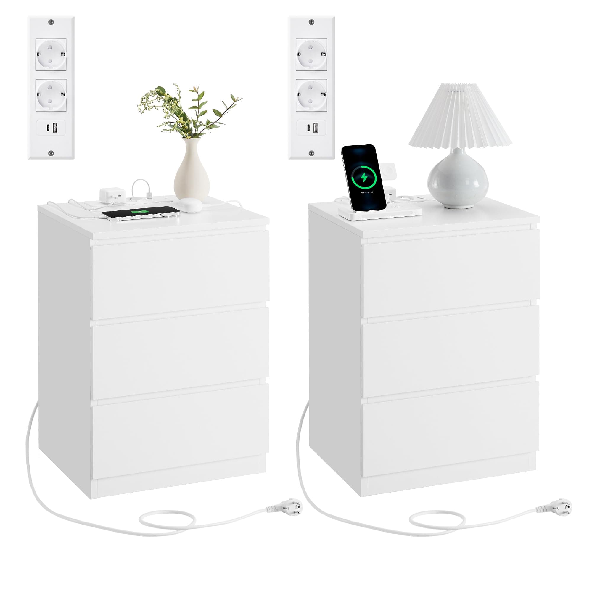 VASAGLE Mesitas de Noche con Estación de Carga, Juego de 2, Mesas Auxiliares con 3 Cajones, 2 Tomas CA, 2 Puertos USB, para Salón, Dormitorio, Estudio, Moderno, Blanco Nube LET831W14