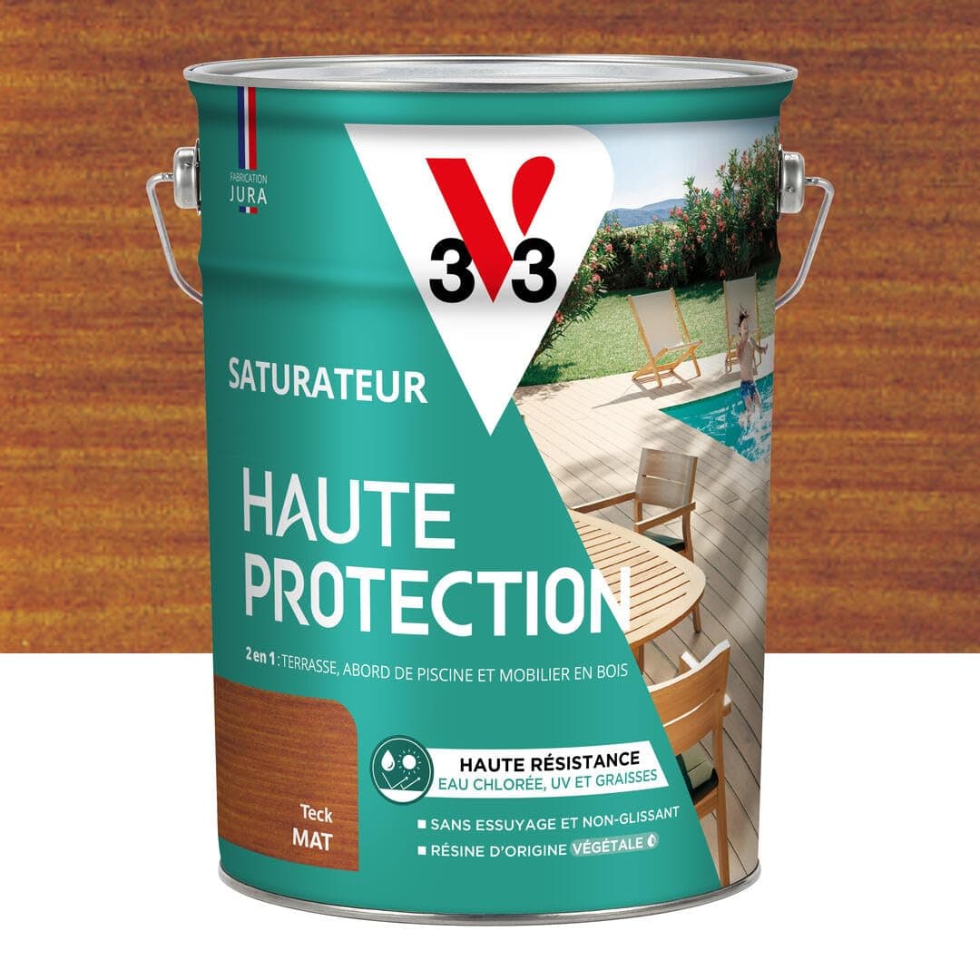 V33 Saturateur bois extérieur Teck mat - Pour terrasses et mobilier de jardin - Haute résistance eau chlorée, UV et graisse - Sans essuyage et non glissant - Résine d'origine végétale - 5L