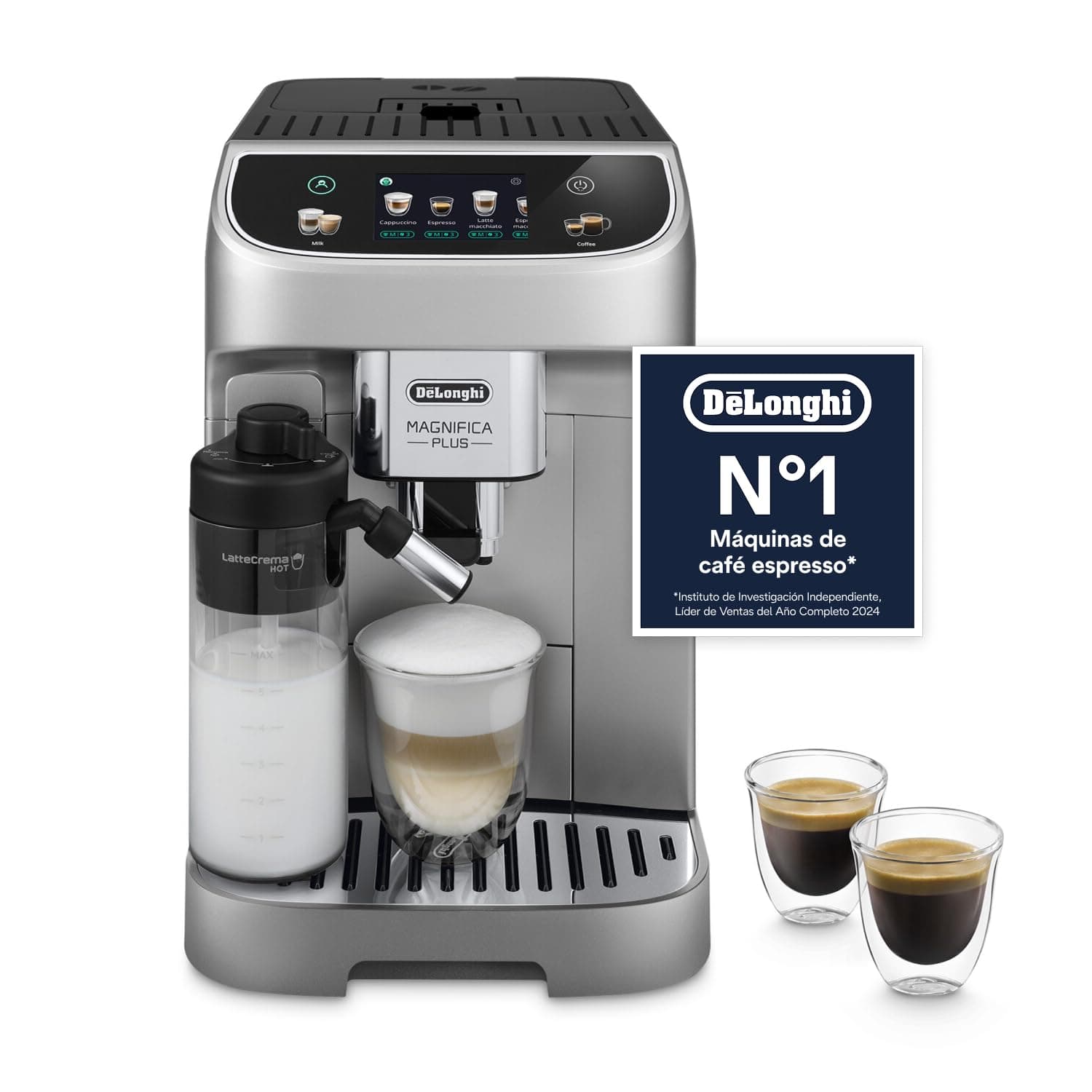 De’Longhi Magnifica Plus– Perfetto Cafetera Superautomática, LatteCrema Jarra de leche automática, 18 Bebidas One-Touch, Pantalla Táctil a Color, Plata y Negro (ECAM322.70.SB)