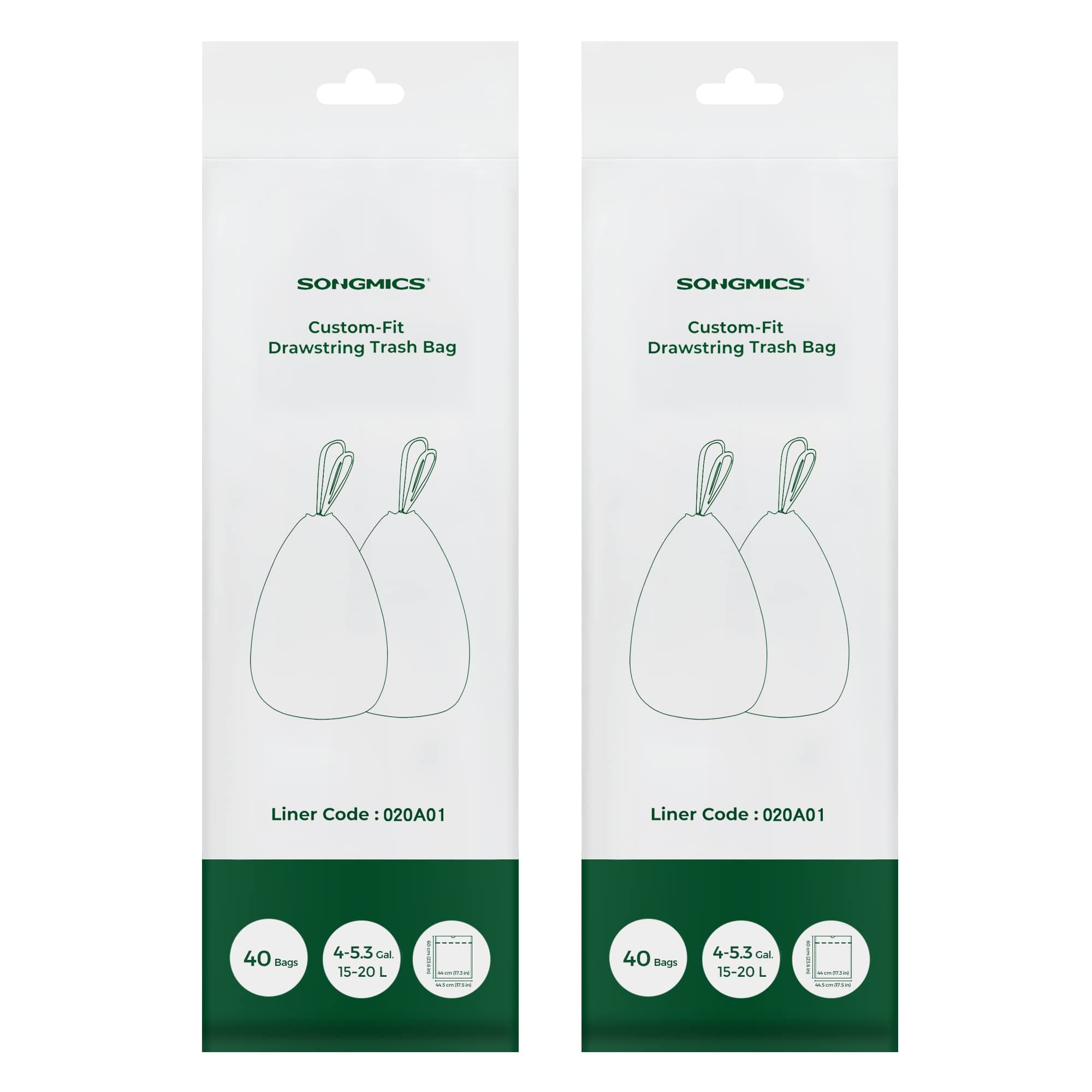 SONGMICS Müllbeutel mit Zugband, hochbelastbar, Müllsäcke für 15-20 Liter Mülleimer, bereits getrennt, Code 020A01, 2 Rollen, insgesamt 80 Stück, weiß KRB020A02