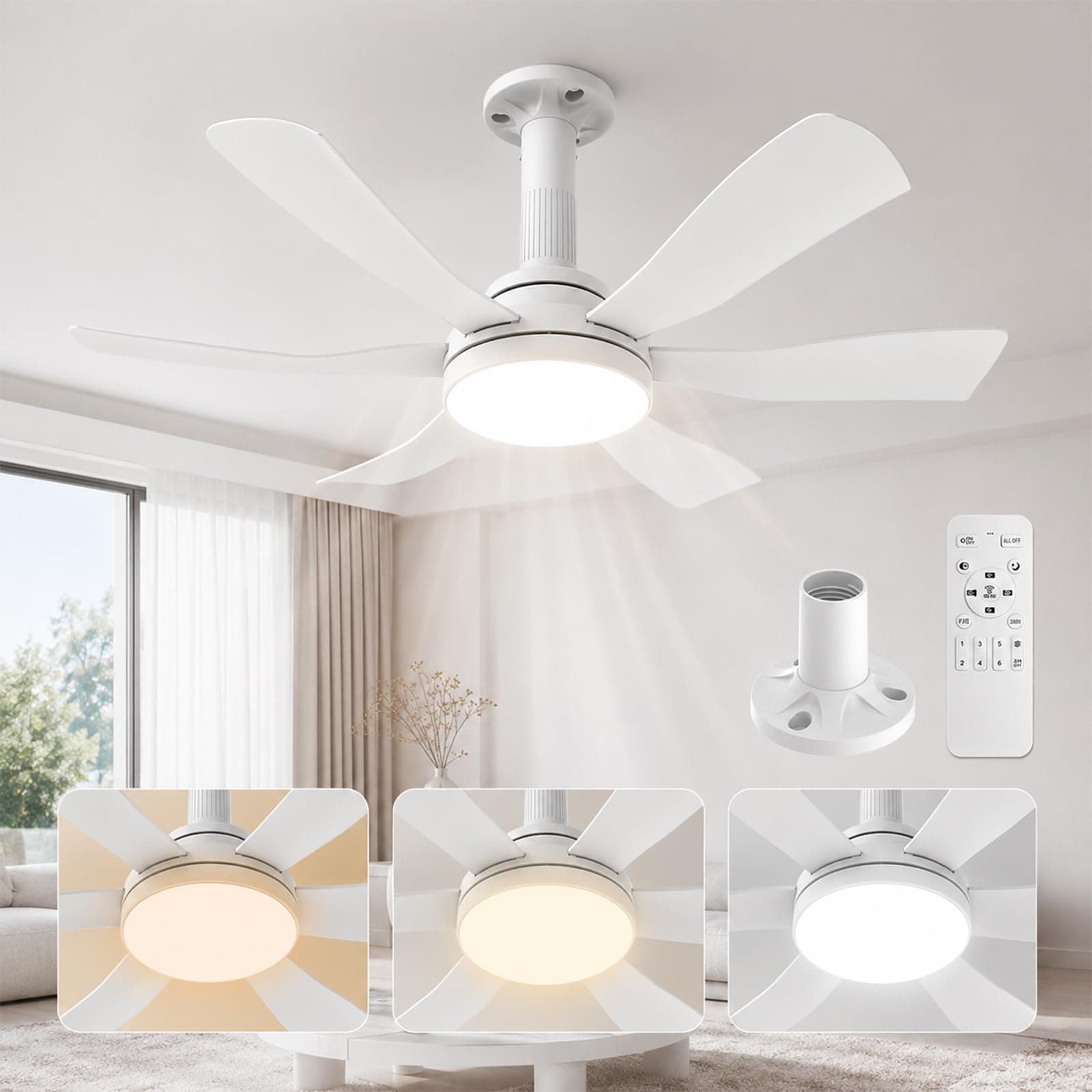 Hisummer 71cm Ventilador de Techo con Luz y Mando, Conexión E27 Solo con Base Incluida, Instalación Rápida, Pequeño Ventilador Techo Silencioso para Dormitorio, Salón y Cocina, Reversible Motor DC