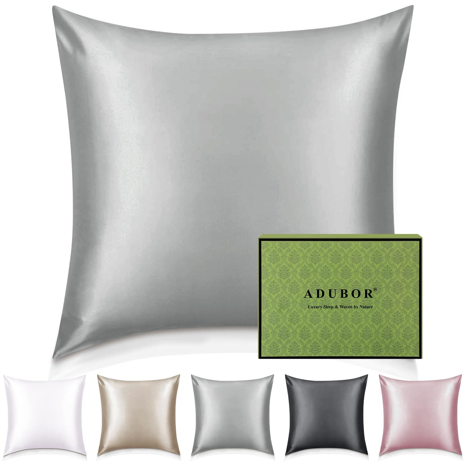 Adubor Taie Oreiller 100% Soie, 22 Momme Soie de Mûrier, Grade 6A, Taie d'oreiller Soie pour la Santé des Cheveux et de la Peau, avec Fermeture Éclair Dissimulée (60×60cm, Gris foncé, 1 pièce)