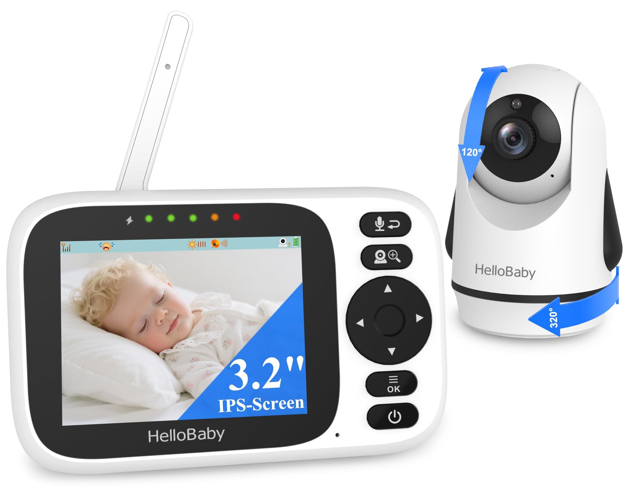 HelloBaby Camara Vigilancia Bebe,3.2''Vigilabebés con Cámara con Intercomunicador Bidireccional,Sin WiFi, Eco,Visión Nocturna Automática,Alarma de Temperatura,Detección de Llanto,Alcance de 300m