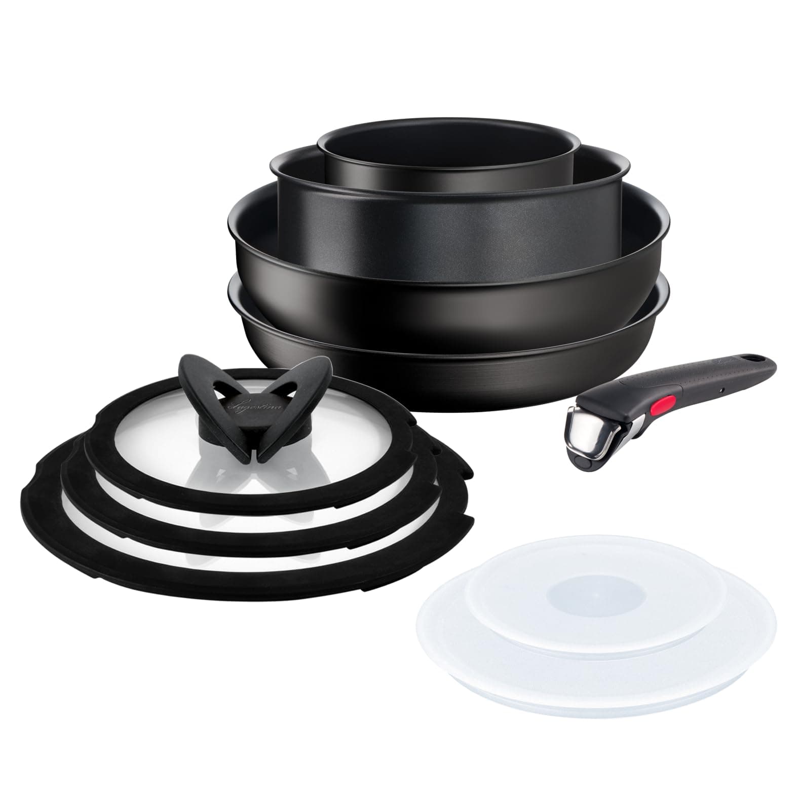 Lagostina Ingenio Intensive Pro, Set 10 Pezzi, 4 Corpi Pentola, 3 Coperchi in Vetro, 2 Coperchi in Plastica e Manico Rimovibile, Rivestimento in Titanio,per Tutte le Fonti di Calore Inclusa Induzione