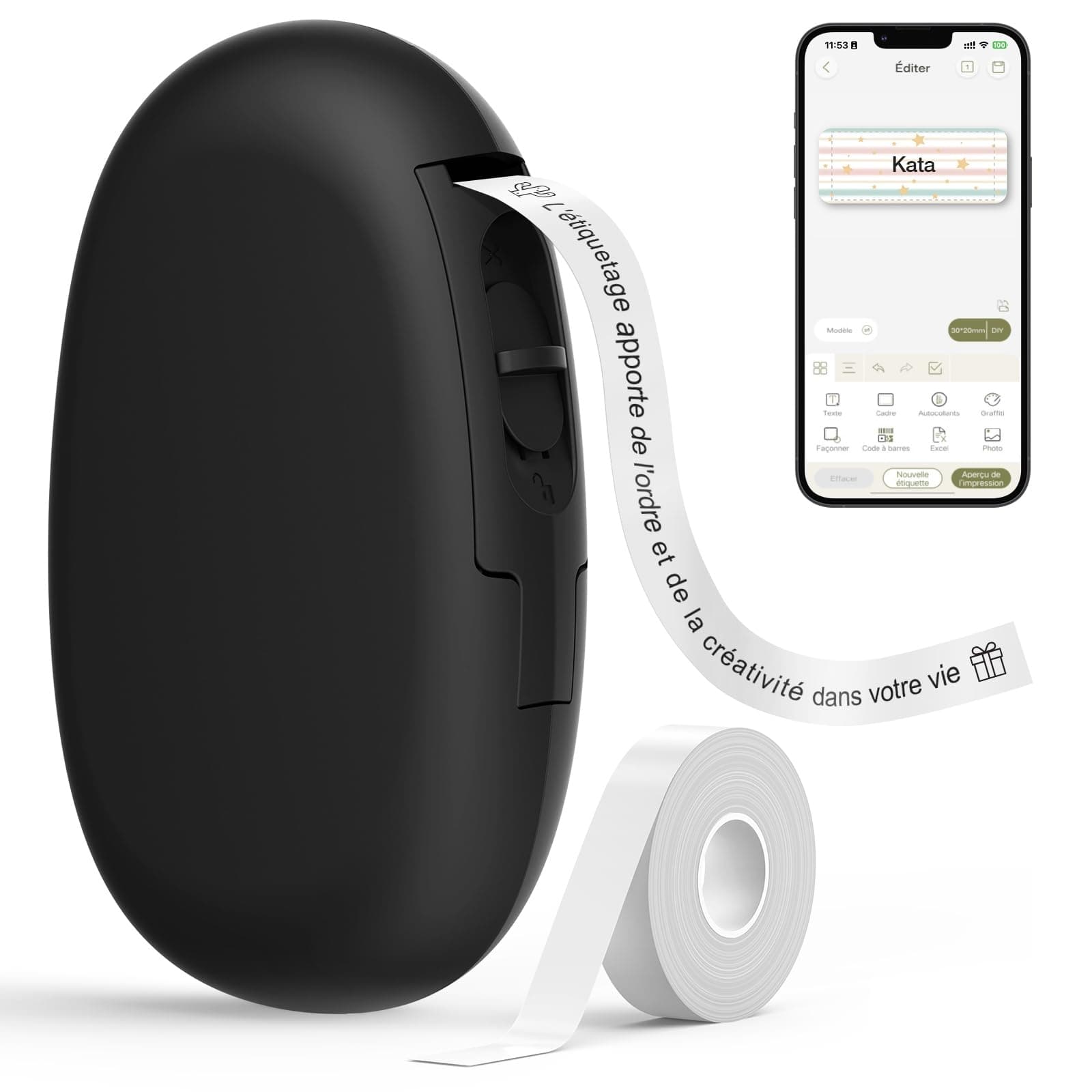 SUPVAN E10 Étiqueteuse Bluetooth avec Ruban, Noir | Compatible Étiquettes Étanches Continues&Prédécoupées, Édition App, Rechargeable,Sans Encre,Usage École/Maison/Cuisine/Bureau